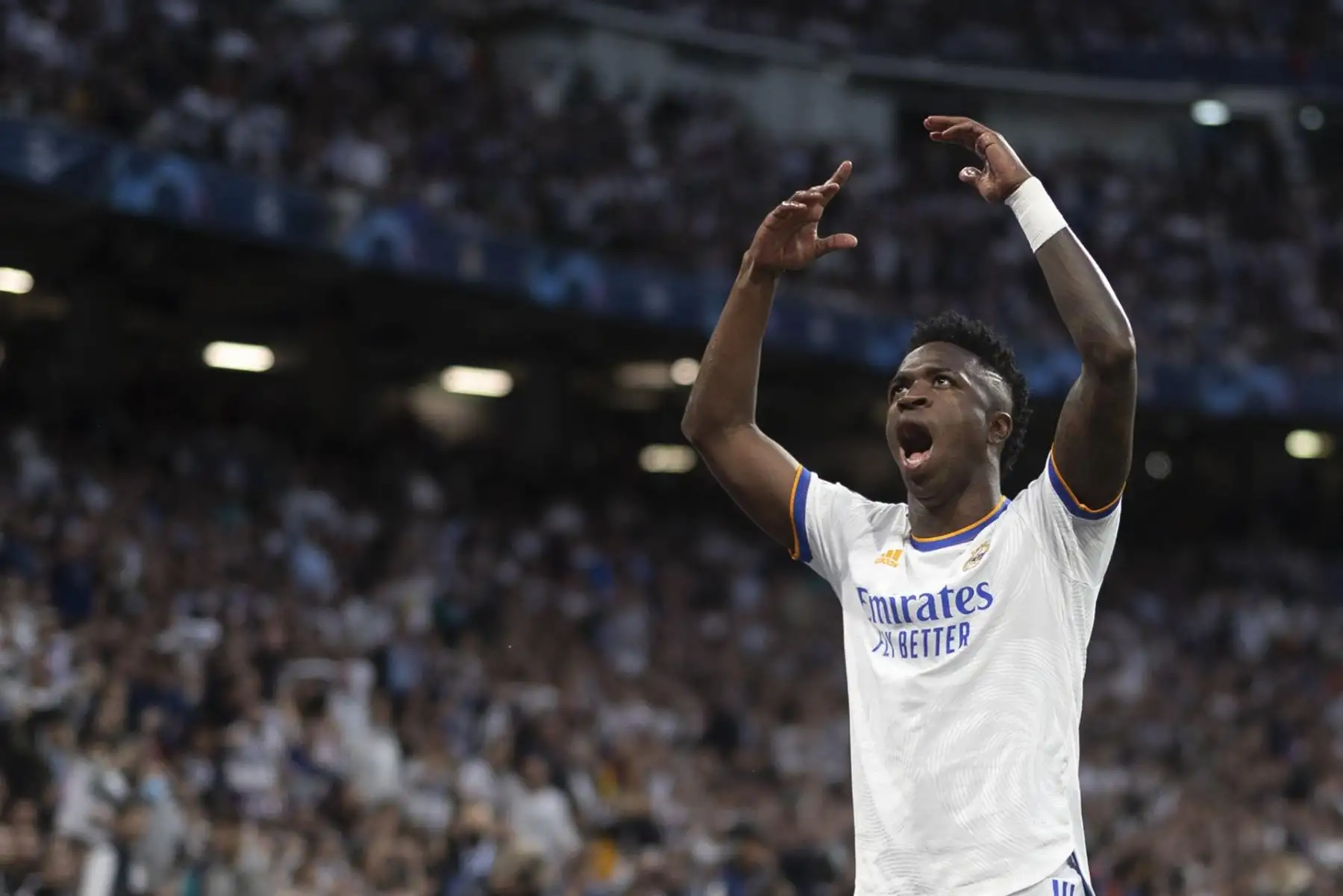 El delantero brasileño del Real Madrid Vinicius Jr. durante el partido de semifinales de la Liga de Campeones que Real Madrid y Mancester City disputan este miércoles en el estadio Santiago Bernabéu, en Madrid.
Foto: EFE