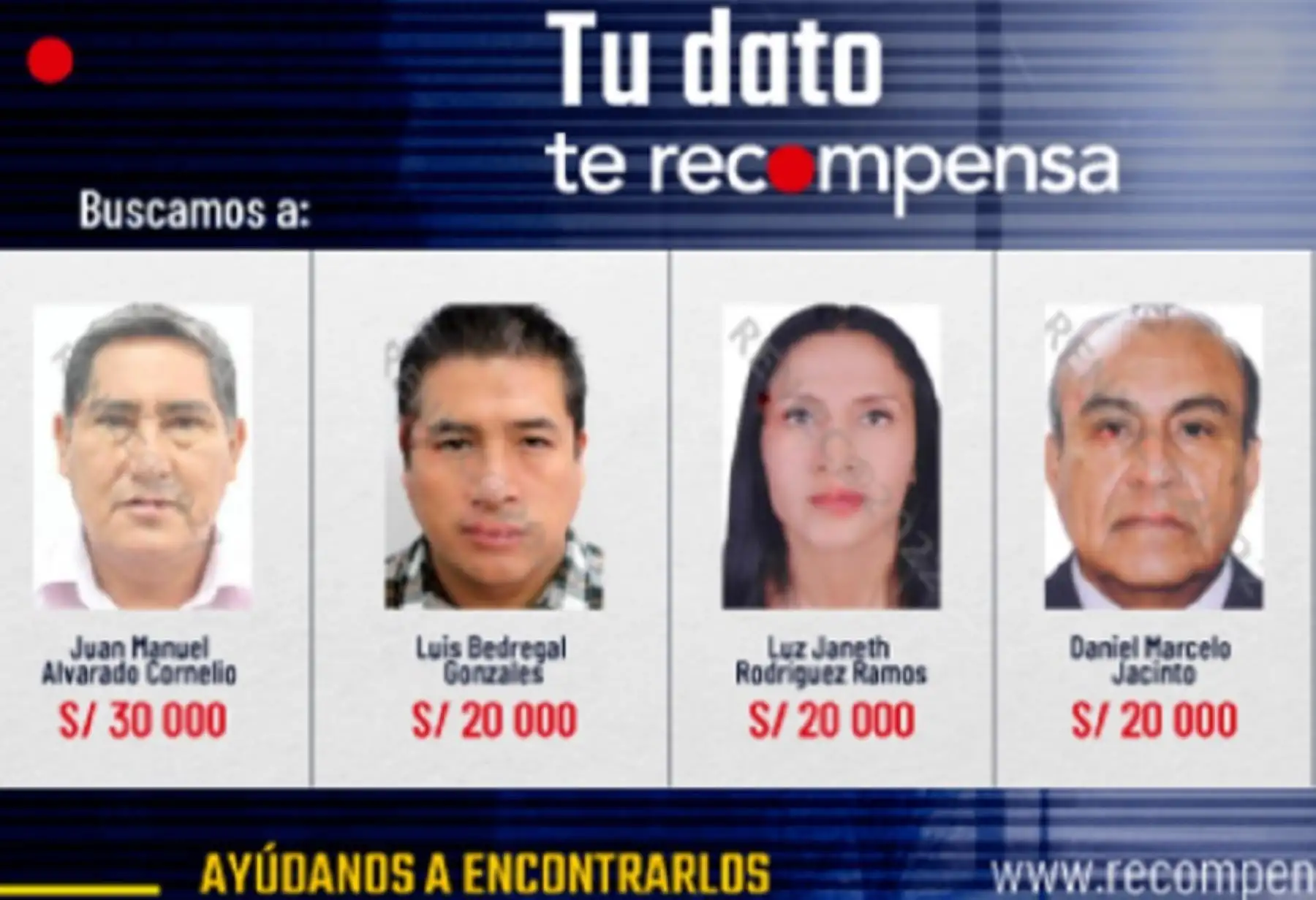 El Ministerio del Interior incluyó en el Programa de Recompensas a cinco nuevos prófugos de la justicia acusados por diversos delitos –entre ellos el suspendido gobernador de Huánuco, Manuel Alvarado, y al ex alcalde de Trujillo, Daniel Marcelo Jacinto–, por quienes se ofrece montos de entre S/ 20,000 y S/ 30,000 por información que contribuya a su ubicación y captura.