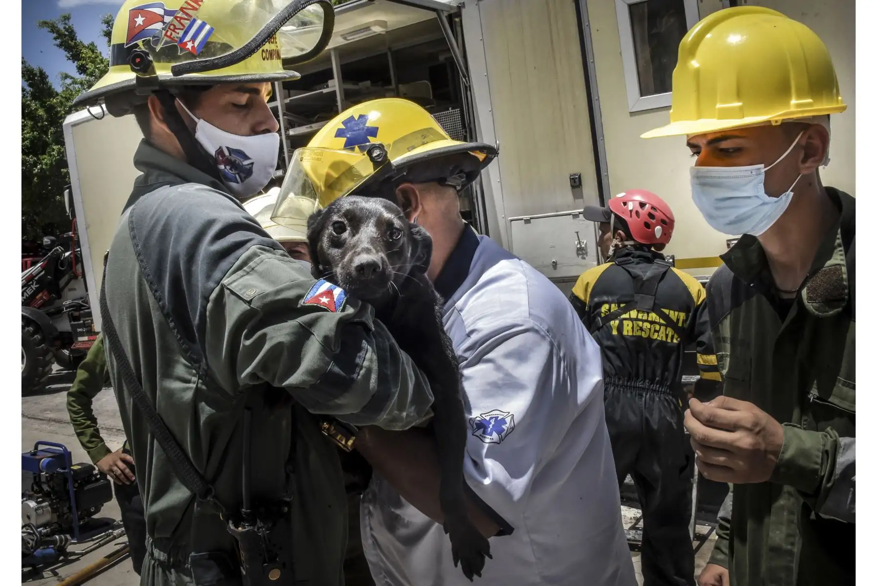 Rescatistas cargan a un perro que fue hallado entre los escombros tras explosión en el hotel Saratoga, en La Habana, Cuba. Foto: AFP