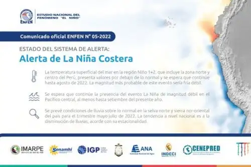 Se espera que continúe la presencia del evento La Niña de magnitud débil en el Pacífico central, al menos hasta setiembre del presente año.