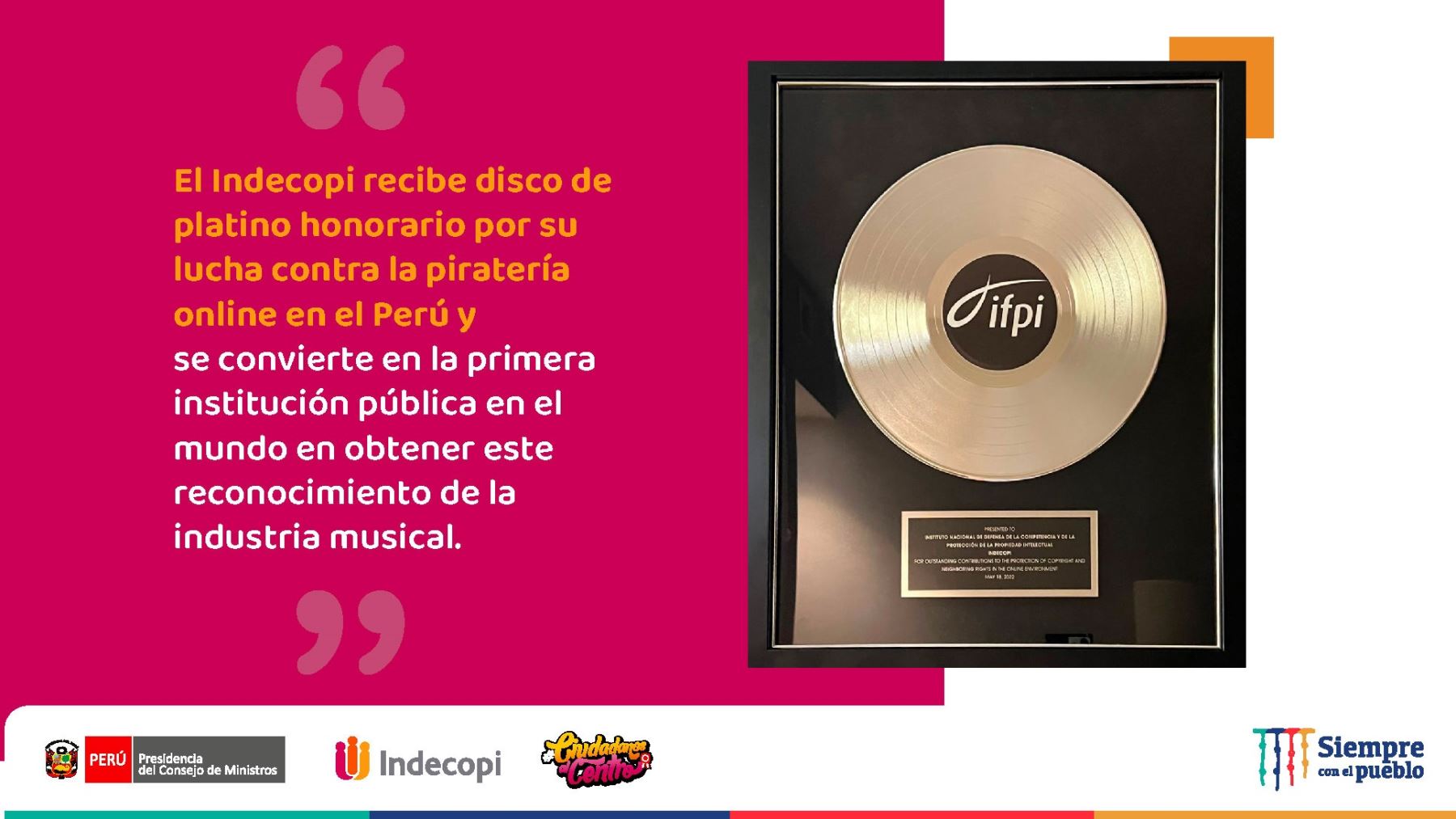 Indecopi recibe disco de platino honorario por lucha contra piratería online