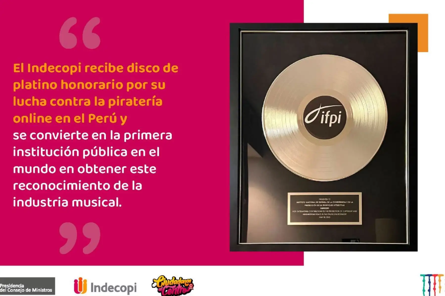 Indecopi recibe disco de platino honorario por lucha contra piratería online.