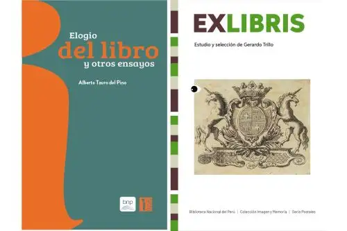 •	El título “Exlibris” reúne imágenes de marcas de propiedad originales que se encuentran en los materiales bibliográficos que resguarda la BNP. “Elogio del libro y otros ensayos” presenta artículos del crítico literario Alberto Tauro del Campo. Foto: Biblioteca Nacional