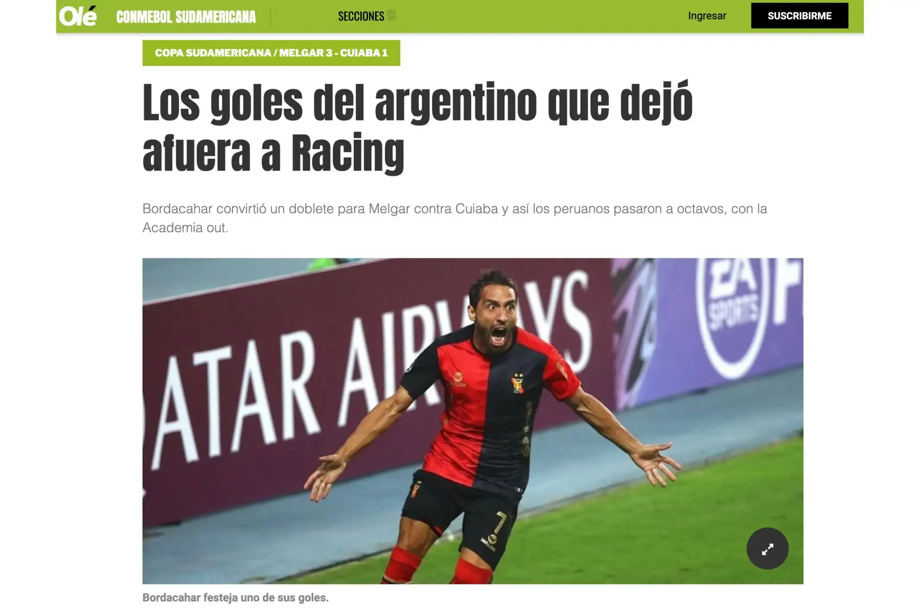 El buen delantero dominó es portada en el diario deportivo Olé que resalta sus goles como culpables de la sorpresiva eliminación de Racing. Foto: Captura de Pantalla