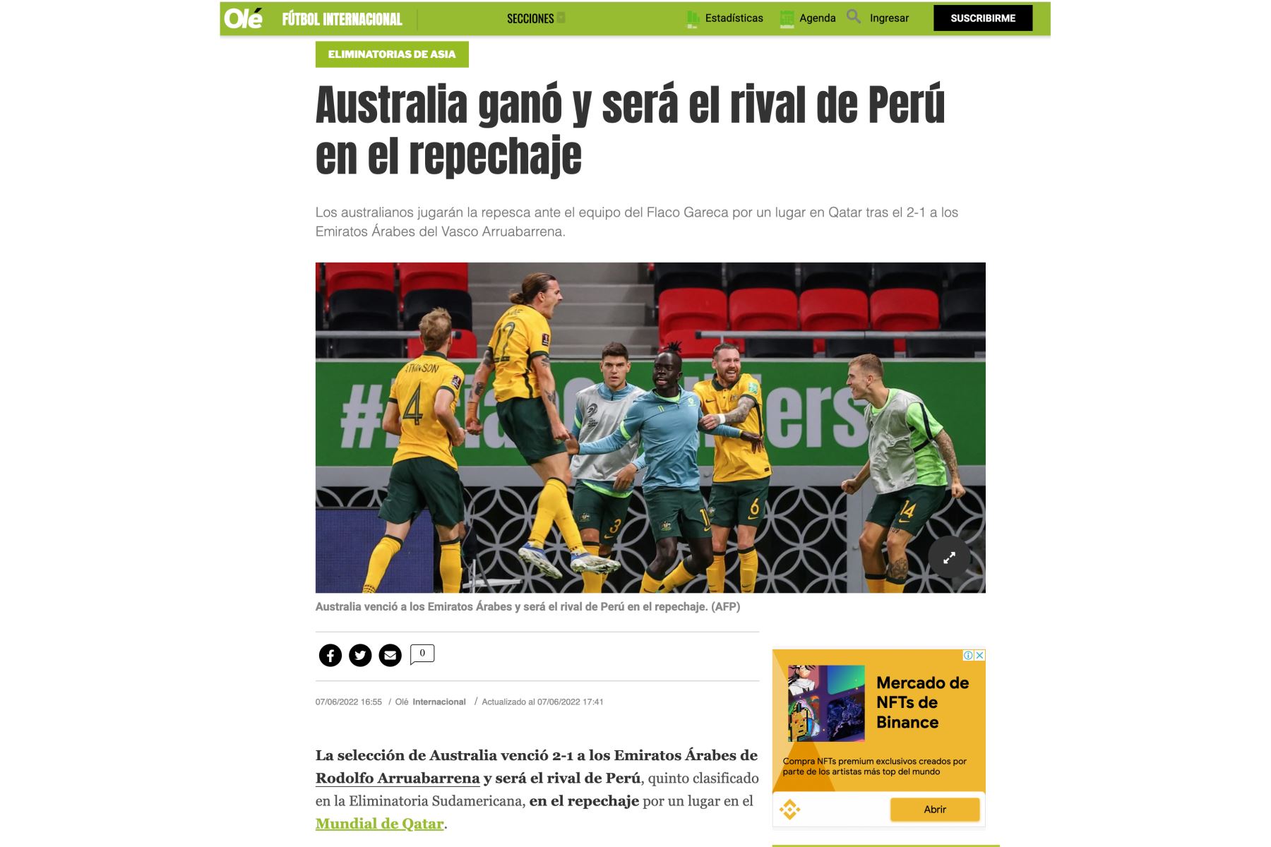 Perú se enfrentará a Australia en un nuevo repechaje para conseguir su boleto a Catar 2022. La última vez también se enfrentó a un rival de Oceanía, Nueva Zelanda, para su pase a Rusia 2018. Foto: Captura de pantalla