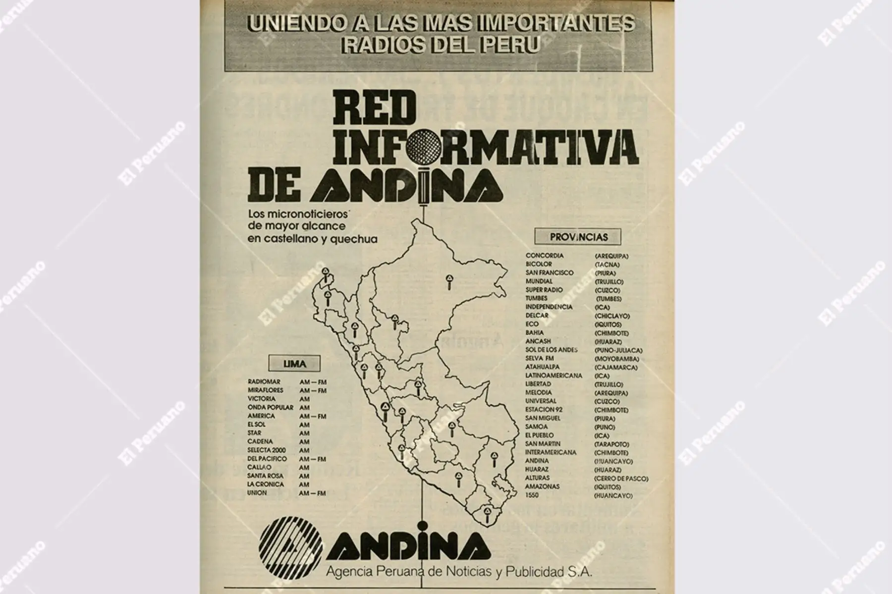 Lima - década 90 / Aviso de la Agencia Peruana de Noticias Andina publicado en el Diario Oficial El Peruano.