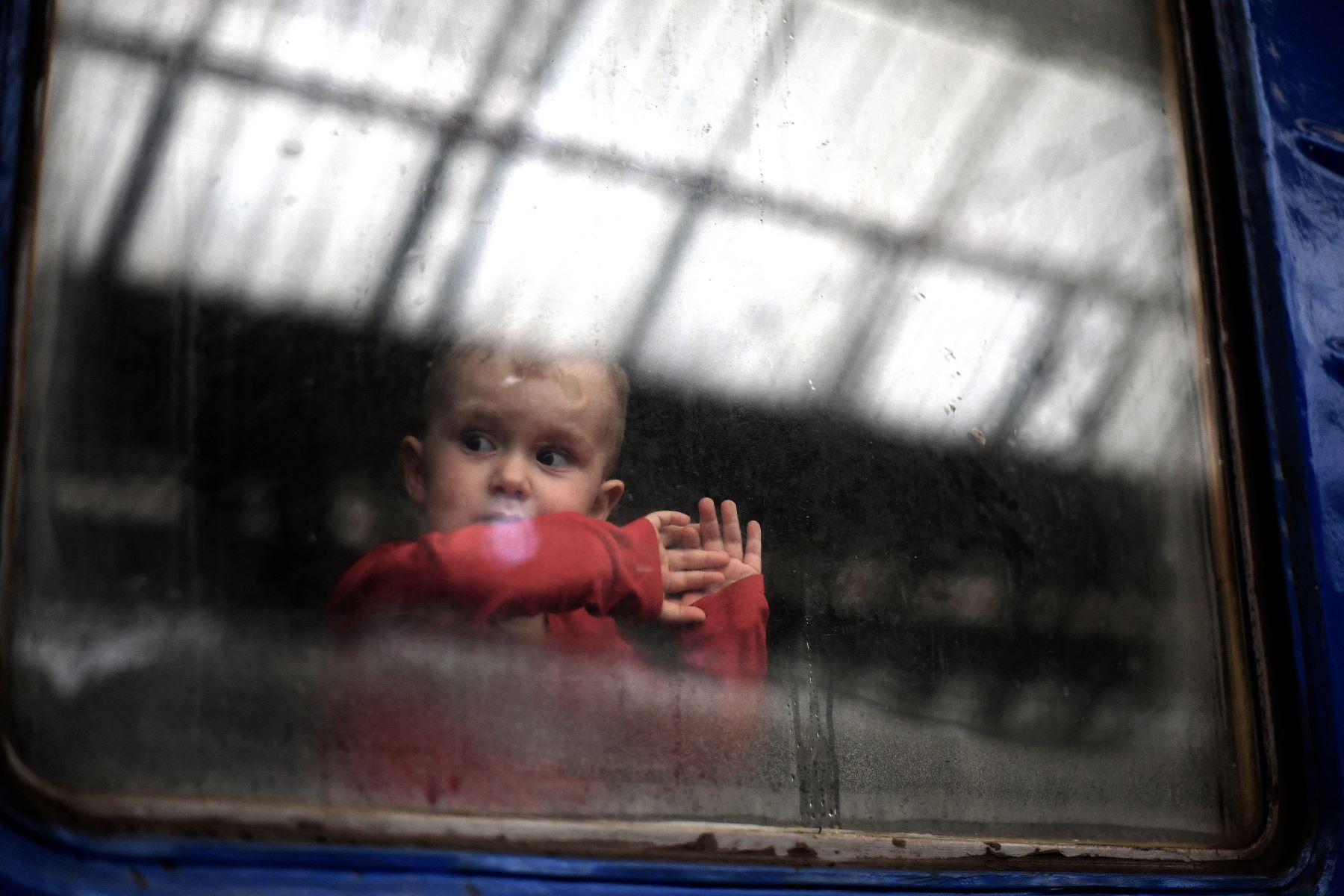 En esta foto de archivo, tomada el 3 de marzo de 2022, un niño mira desde la ventana de un vagón mientras un tren se prepara para partir de una estación en Lviv, en el oeste de Ucrania. Foto: AFP