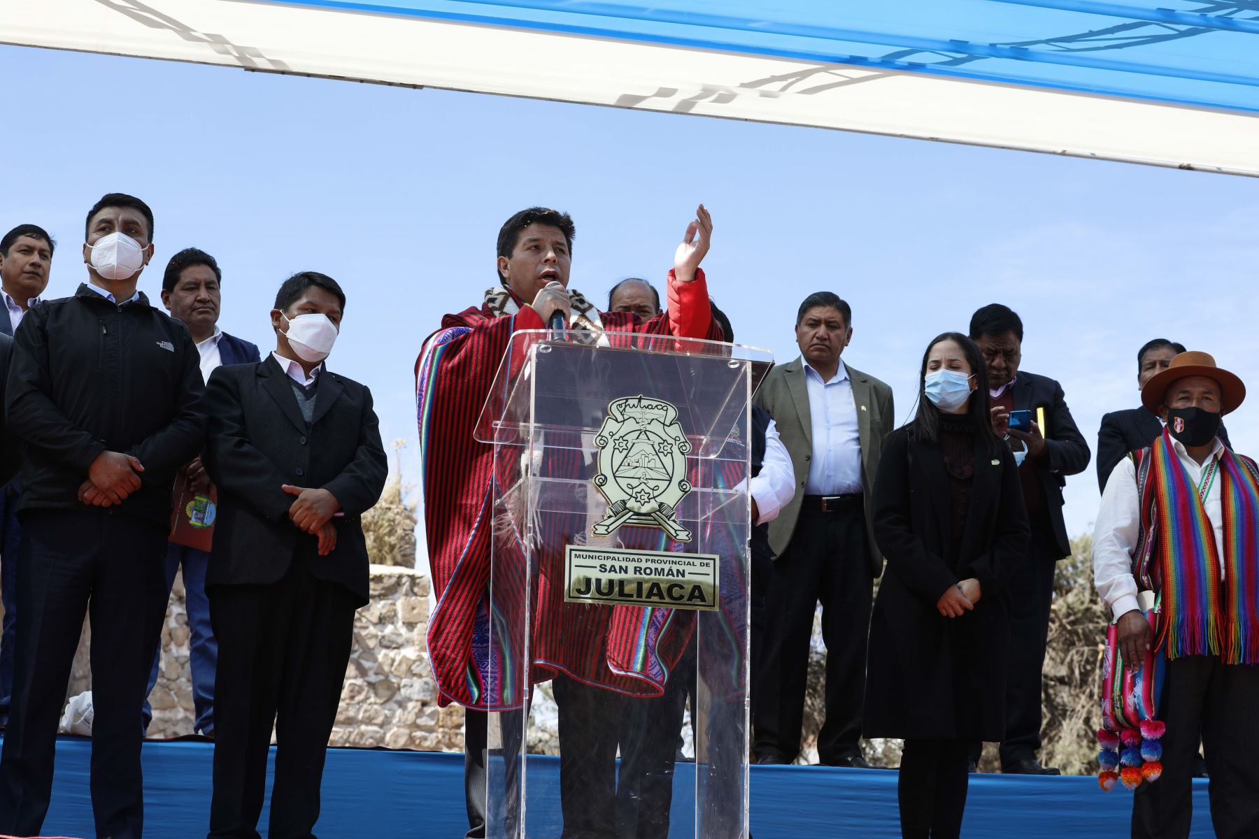Presidente, Pedro Castillo, participa en el primer encuentro por el desarrollo de la región Puno, que se realiza en la plaza de Armas de la ciudad de Juliaca. Foto: ANDINA/Presidencia Perú