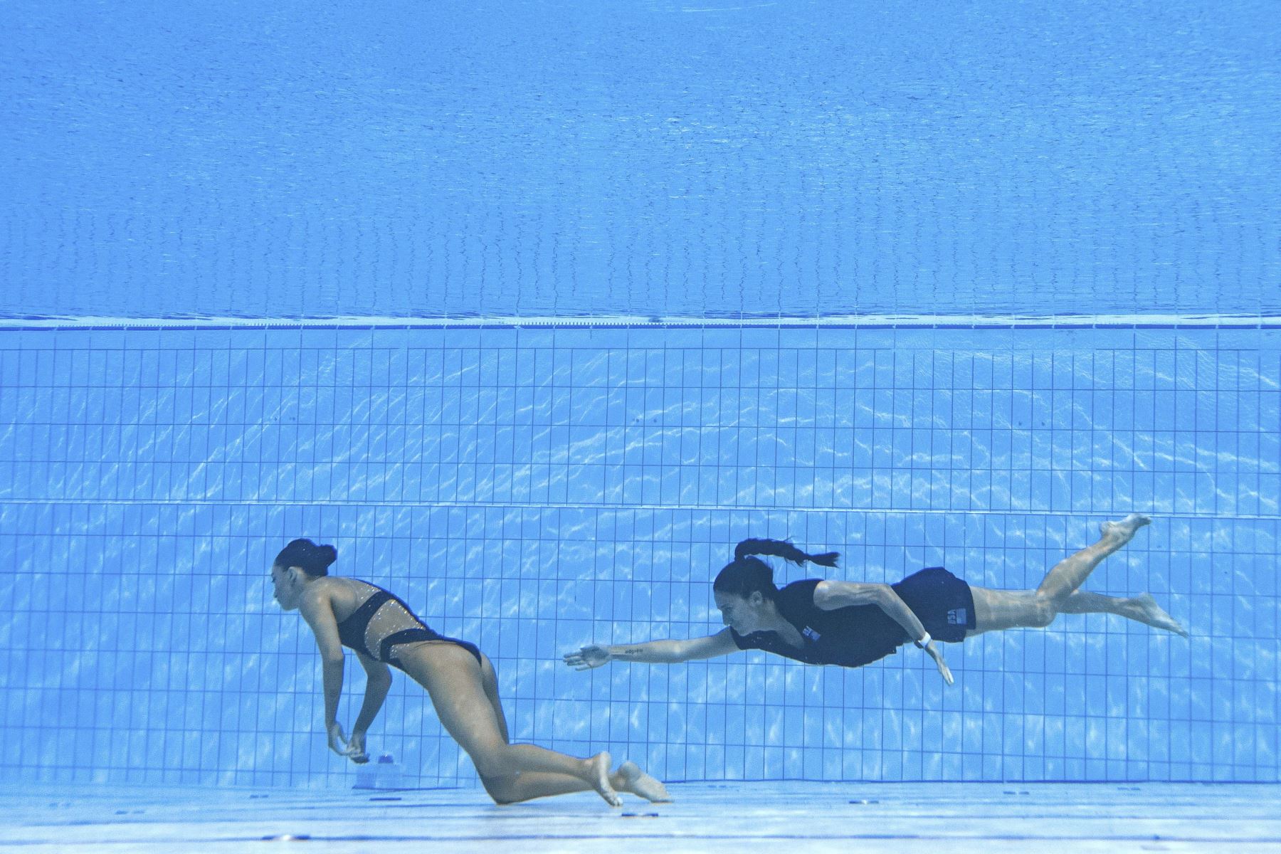 La entrenadora española, Andra Fuentes, nada para salvar a Anita Alvarez del fondo de la piscina durante un incidente en las finales de natación artística libre en solitario de mujeres, durante el Campeonato Mundial Acuático de Budapest 2022. Foto: AFP
