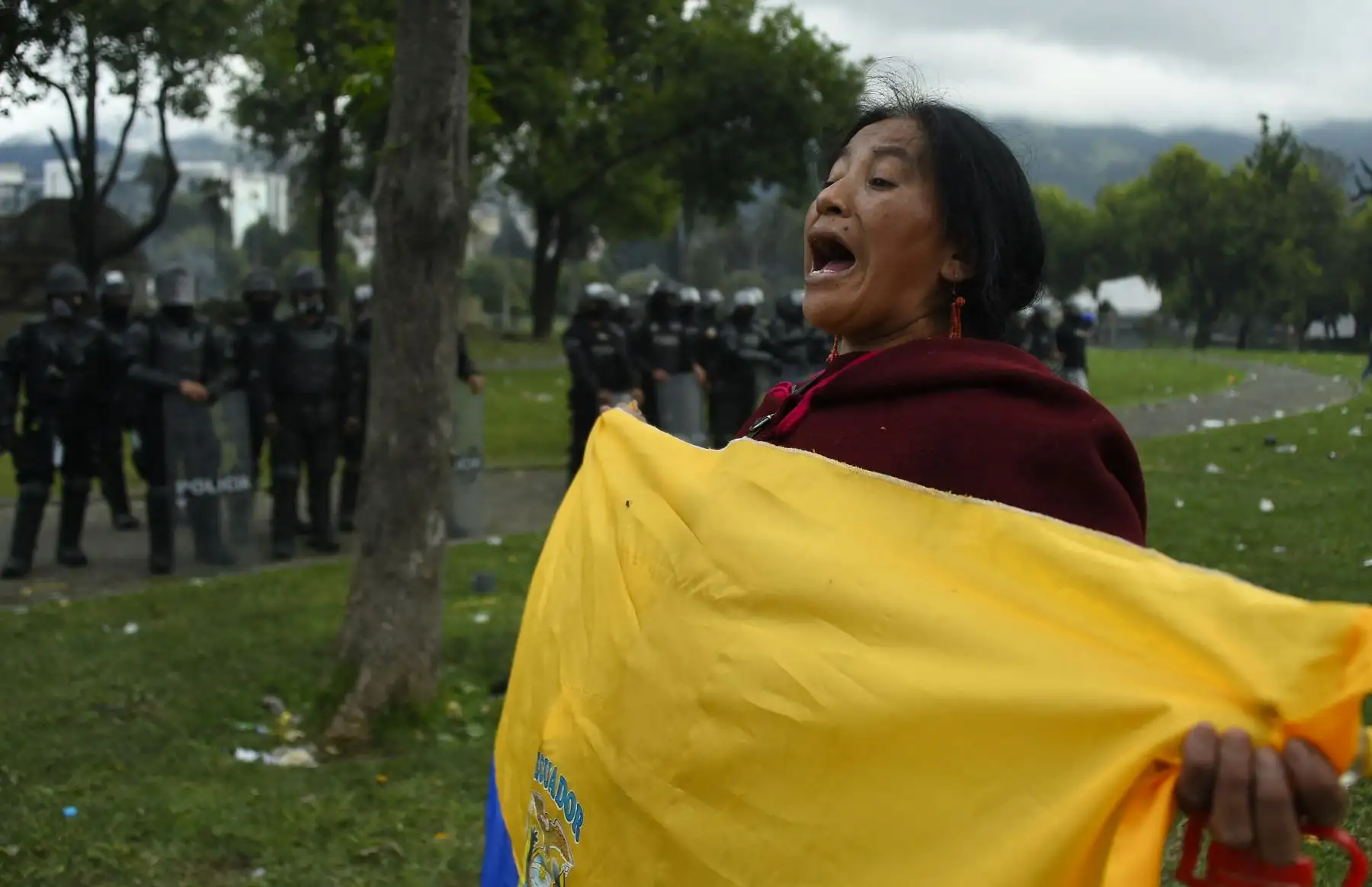 Una mujer indígena sostiene una bandera ecuatoriana frente a la policía antidisturbios en el parque El Ejido, en Quito. AFP Una mujer indígena sostiene una bandera ecuatoriana frente a la policía antidisturbios en el parque El Ejido, en Quito. AFP