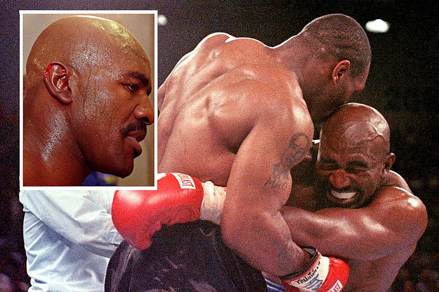 Tyson fue un gigante, pero este martes, 25 años después, será recordado como un hombre chiquito, o por lo menos incivil, por haberle quitado un pedazo de su cuerpo al único rival que lo superó dos veces. Foto: Composición con fotos de AFP e Internet
