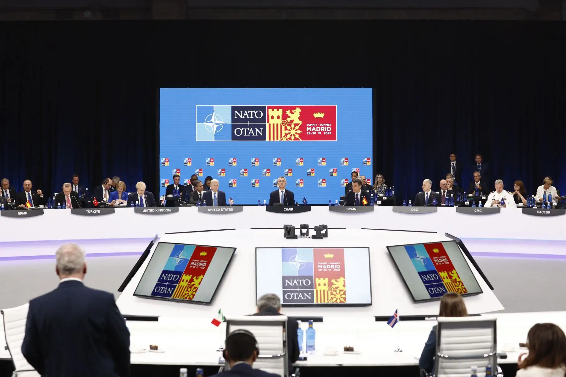 Primera jornada de la cumbre de la OTAN que se celebra este miércoles en el recinto de Ifema, en Madrid. 
Foto: EFE