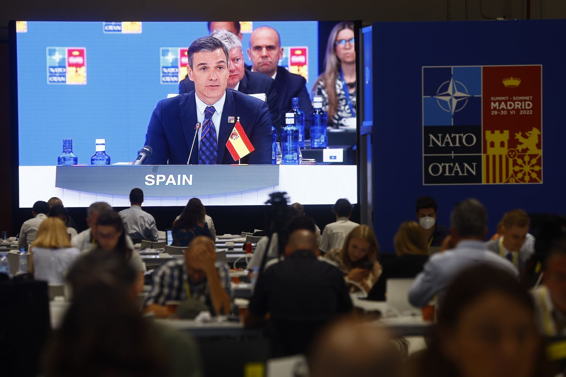 Vista de la sala de prensa durante la primera jornada de la cumbre de la OTAN que se celebra este miércoles en el recinto de Ifema, en Madrid. 
Foto: EFE