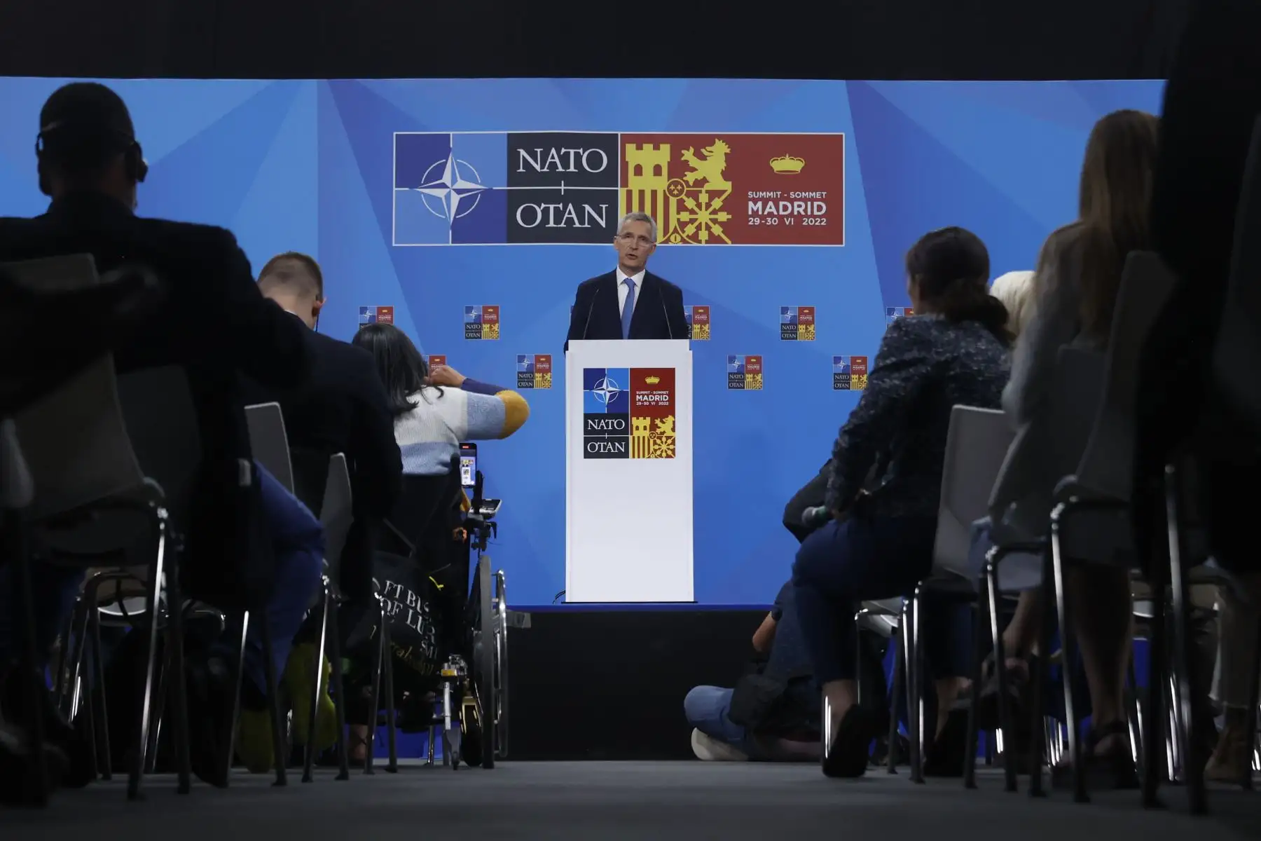 El secretario general de la OTAN, Jens Stoltenberg, en la primera jornada de la cumbre de la OTAN que se celebra este miércoles en el recinto de Ifema, en Madrid.
Foto: EFE