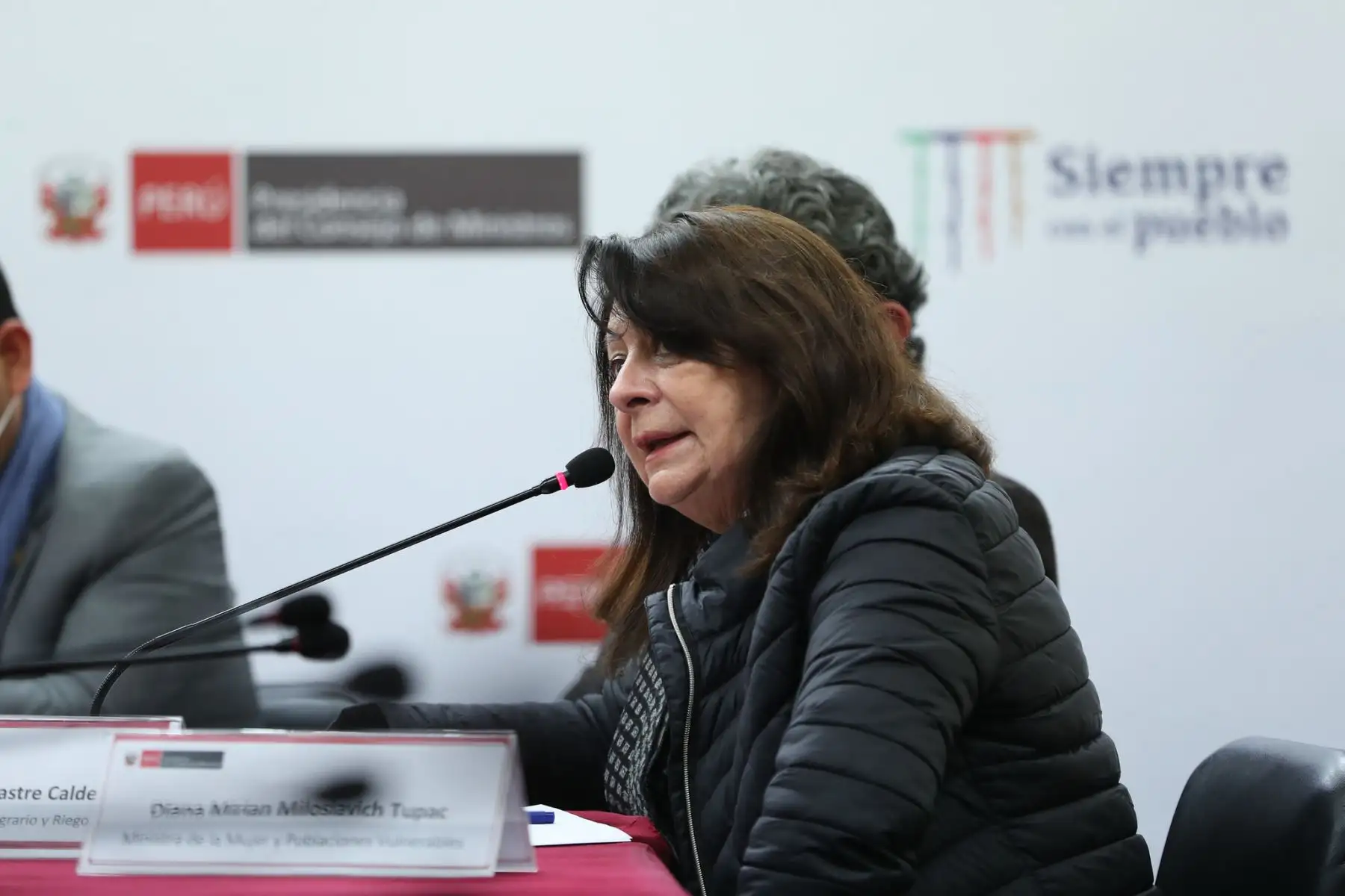 Titular de la PCM, Aníbal Torres y ministros de Estado brindan conferencia de prensa. Participa la ministra de la Mujer y Poblaciones Vulnerables, Diana Miloslavich. Foto: ANDINA/PCM