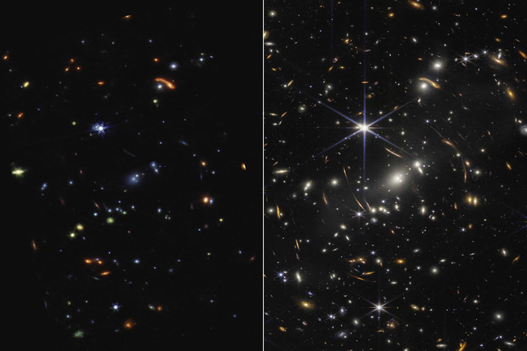 En esta imagen comparativa publicada por la NASA, se muestran las longitudes de onda invisibles de luz infrarroja cercana y media que se han traducido a colores de luz visible, una de las primeras imágenes tomadas por el telescopio espacial James Webb. Foto: AFP