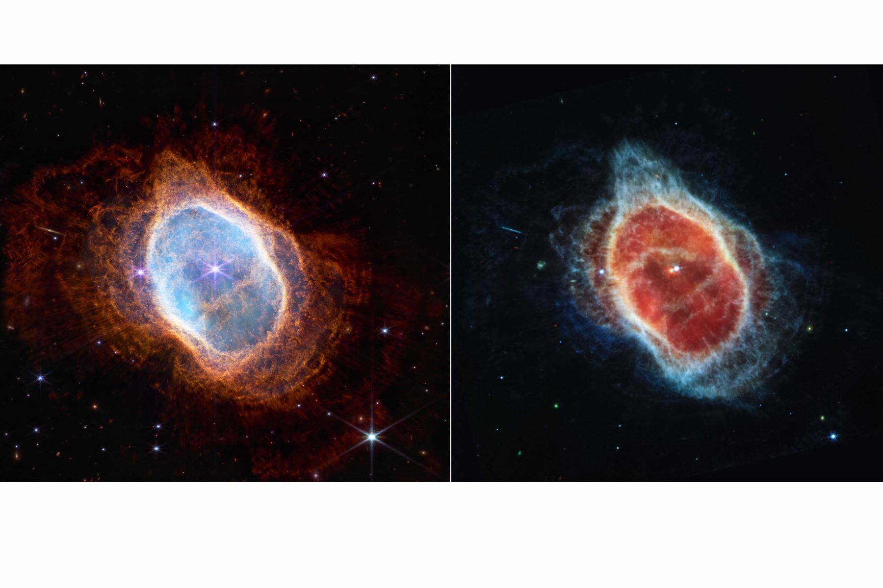 Esta imagen publicada por la NASA, muestra que la estrella más tenue en el centro de esta escena ha estado enviando anillos de gas y polvo durante miles de años en todas direcciones, y el Telescopio Espacial James Webb (JWST) ha revelado por la primera vez que esta estrella está cubierta de polvo. Dos cámaras a bordo de Webb capturaron la imagen más reciente de esta nebulosa planetaria, catalogada como NGC 3132 y conocida informalmente como la Nebulosa del Anillo Sur, que se encuentra aproximadamente a 2500