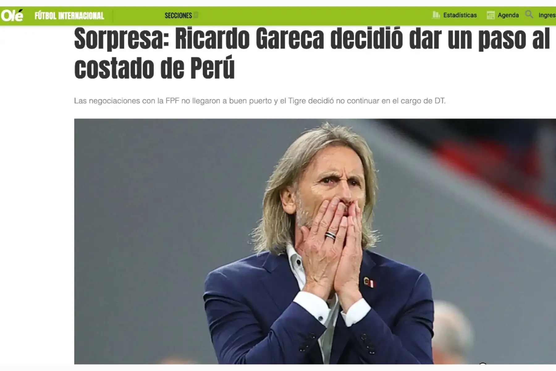 Ricardo Gareca: así reaccionó la prensa internacional. Diario Olé de Argentina. Foto: Captura TV