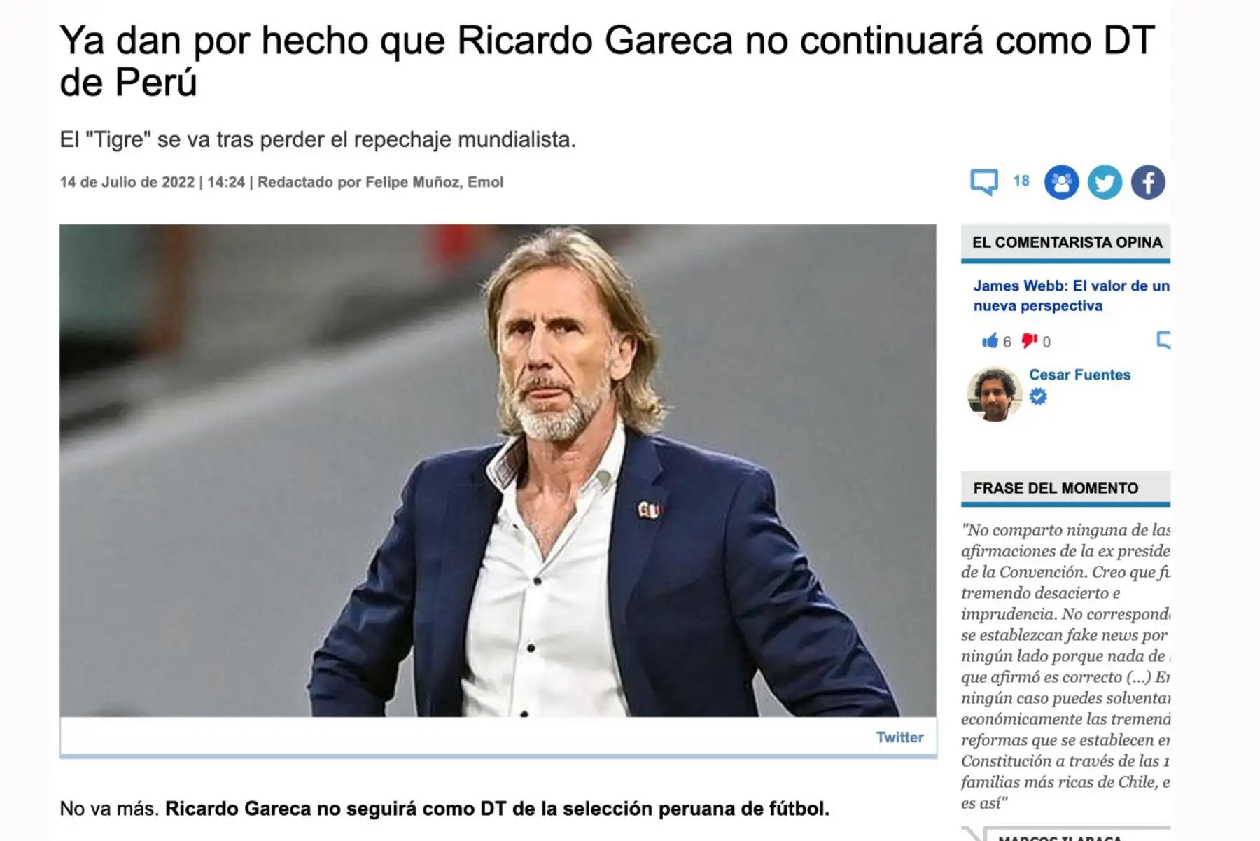 Ricardo Gareca: así reaccionó la prensa internacional. Diario El Mercurio de Chile. Foto: Captura TV