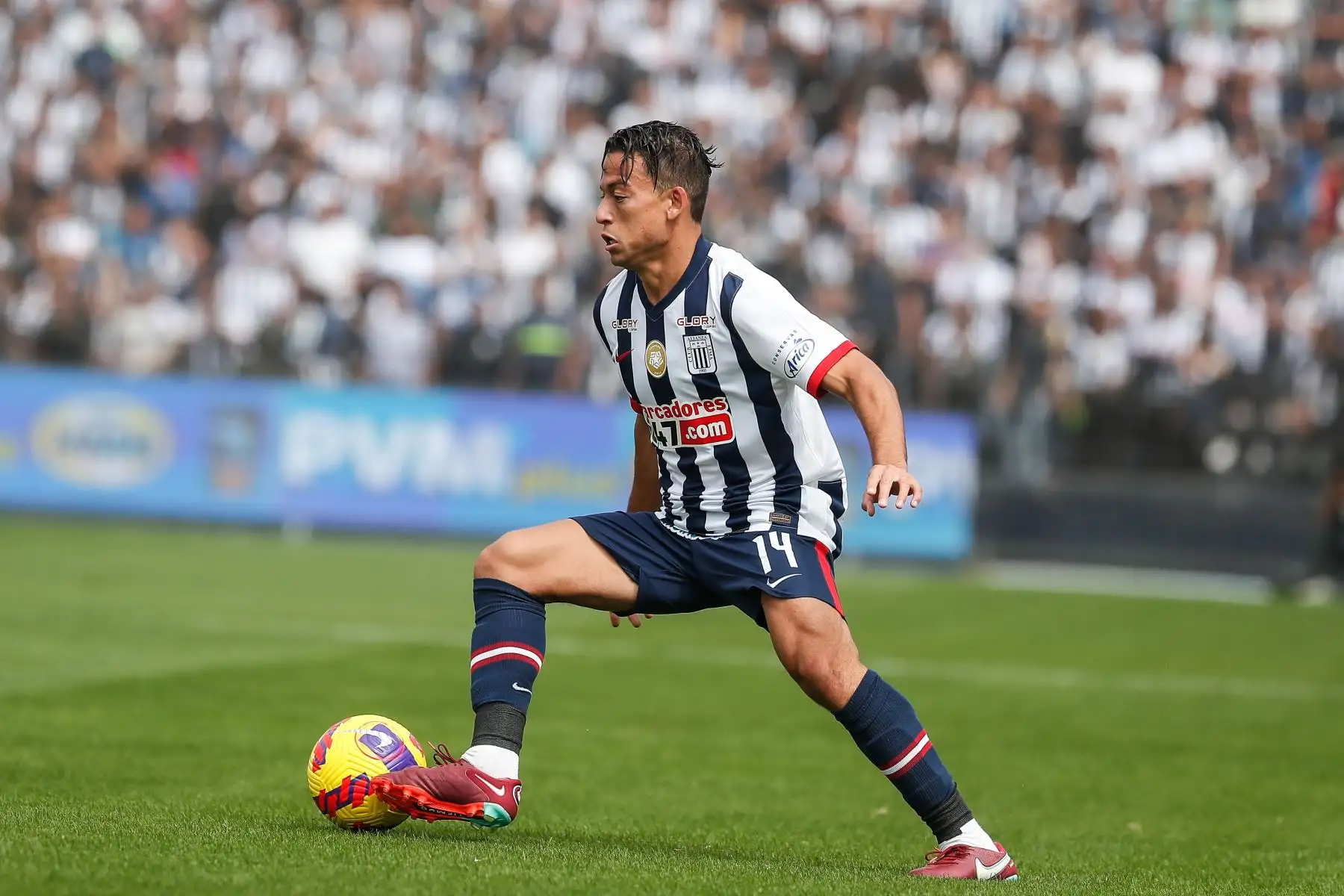Cristian Benavente de Alianza Lima disputa el balón  ante Sport Boys por la segunda fecha del Torneo Clausura Liga 1 en el Estadio Alejandro Villanueva.
 Foto: ANDINA Renato Pajuelo