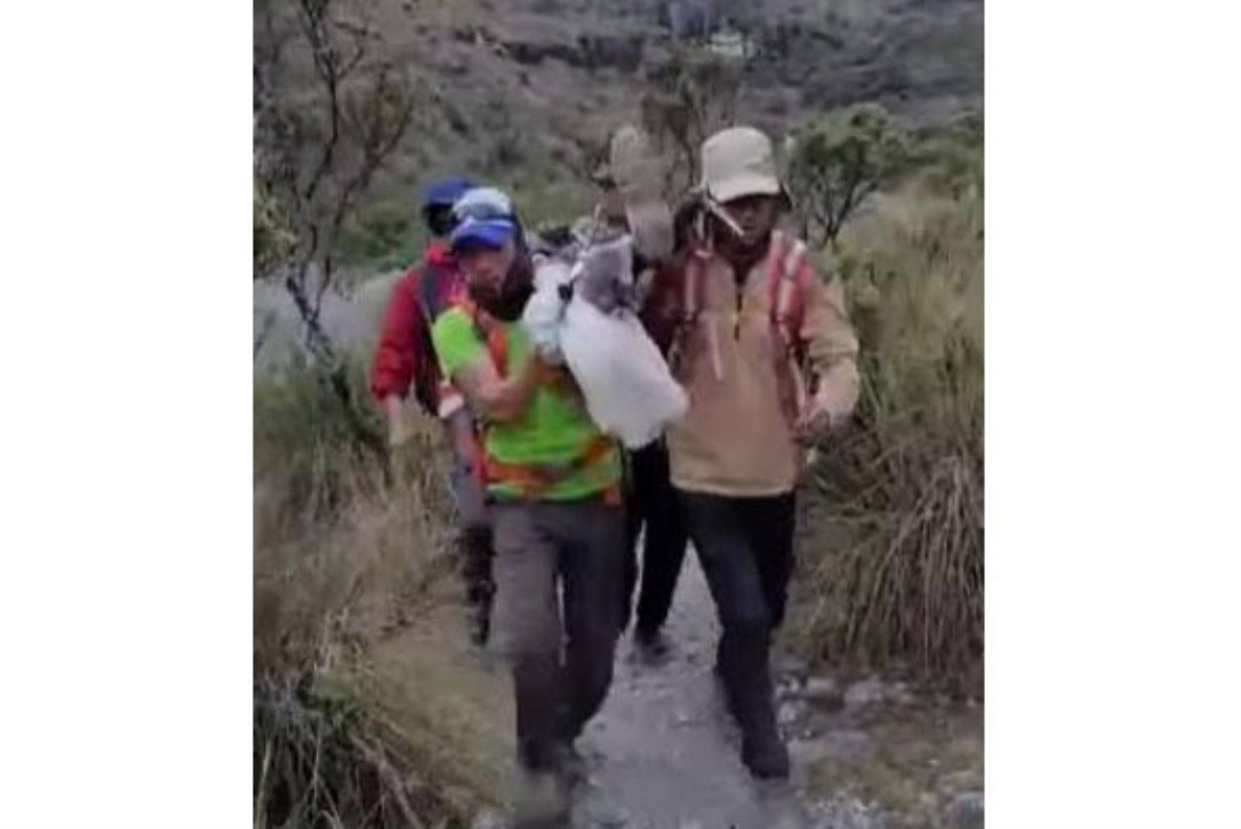Una menor de nacionalidad venezolana fue trasladada en hombros con el apoyo de dos turistas en el parque Huascarán. Foto: ANDINA/Difusión