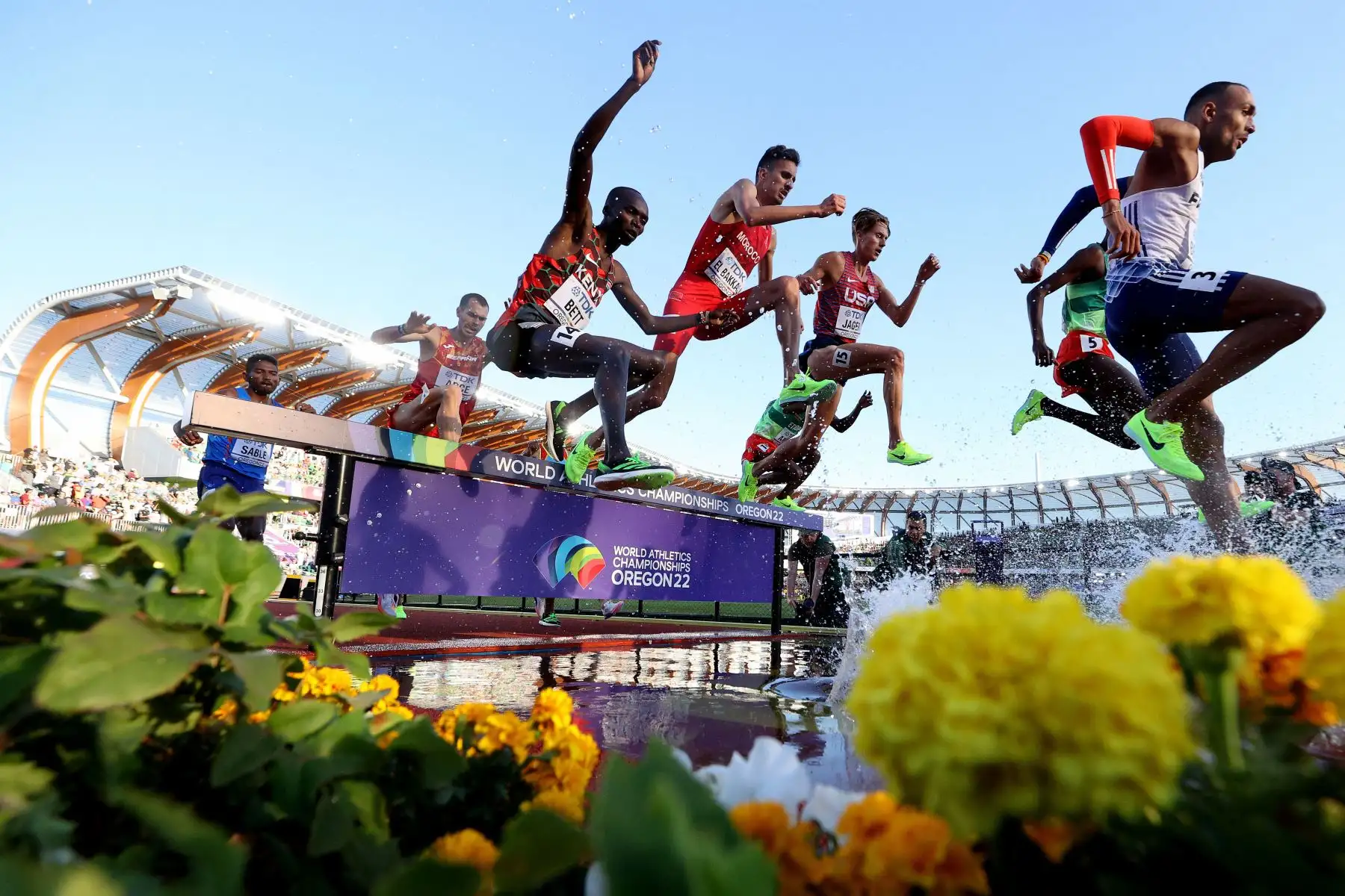 Los atletas compiten en la final masculina de carrera de obstáculos de 3000 m el cuarto día del Campeonato Mundial de Atletismo Oregon22 en Hayward Field.
Foto: AFP