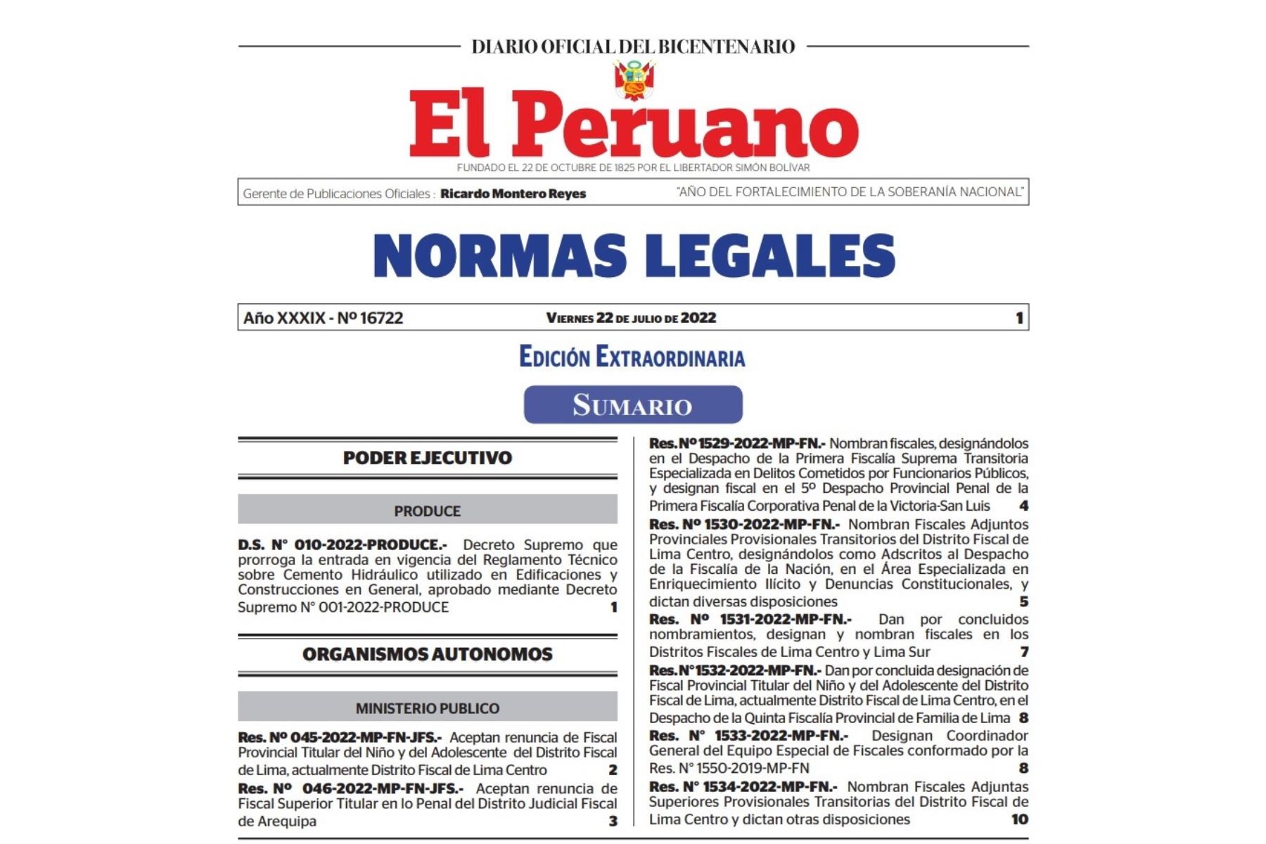 Edición extraordinaria de Normas Legales del Diario Oficial El Peruano.