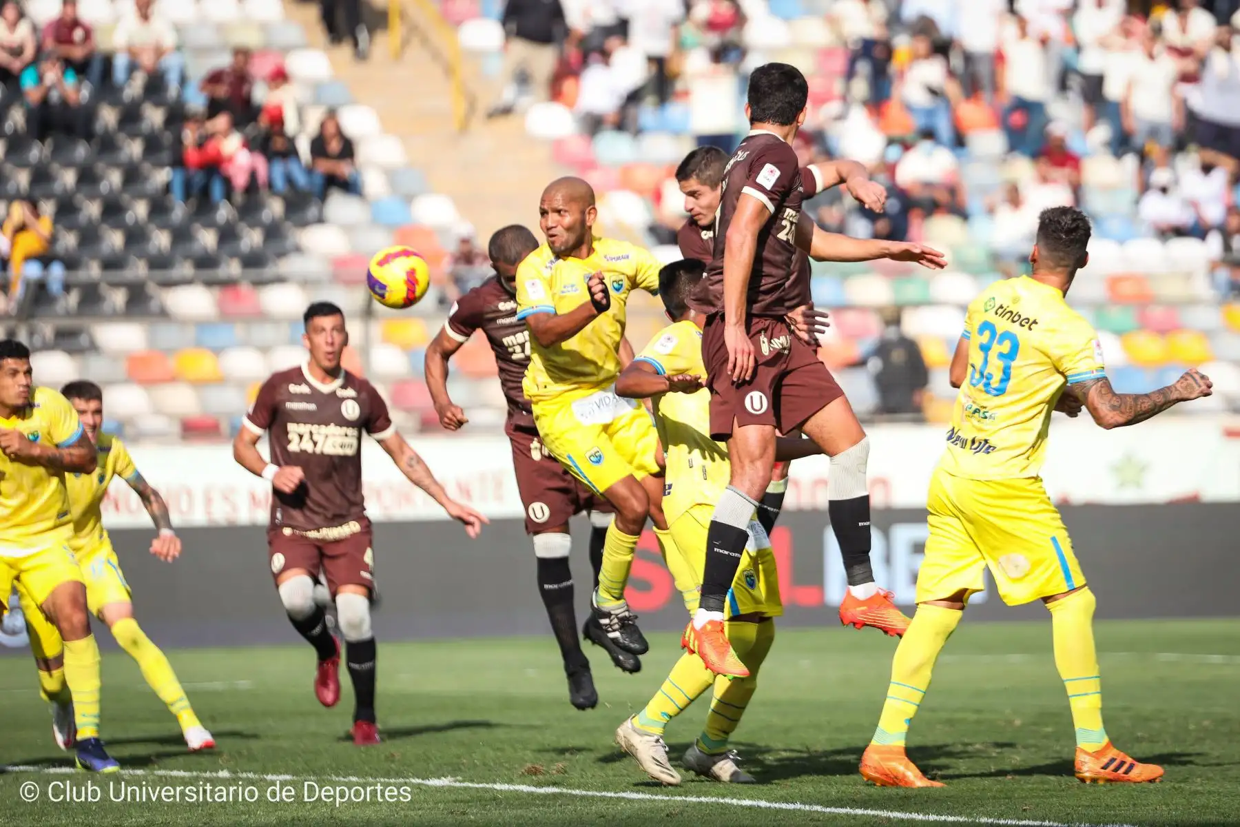 El jugador Aldo Corzo de Universitario  disputa el balón  ante el jugador del club Carlos Stein por la tercera fecha  del Torneo Clausura, en el Estadio Monumental de Ate .
Foto: Universitario