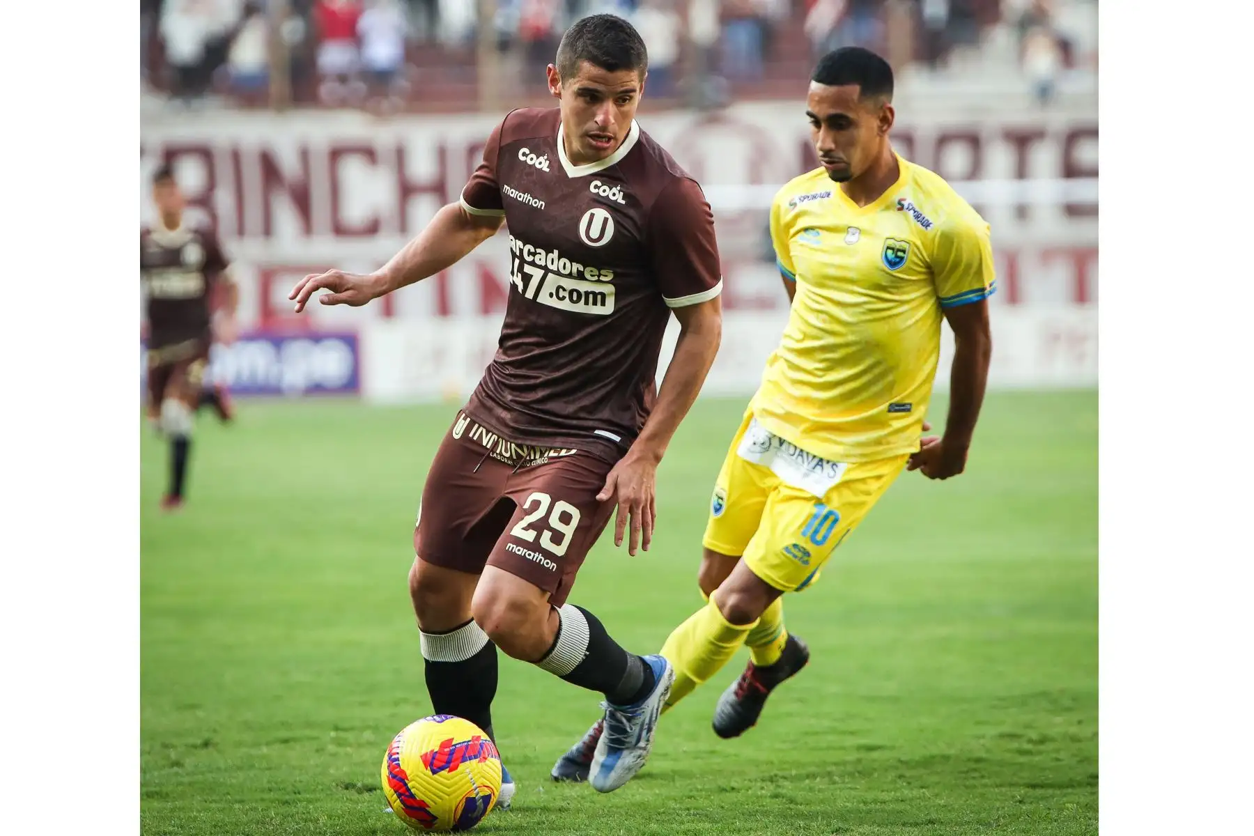 El jugador Aldo Corzo de Universitario  disputa el balón  ante el jugador del club Carlos Stein por la tercera fecha  del Torneo Clausura, en el Estadio Monumental de Ate .
Foto: Universitario