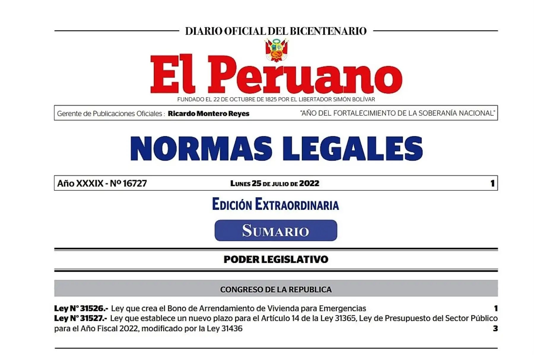 Edición extraordinaria del Diario Oficial El Peruano.