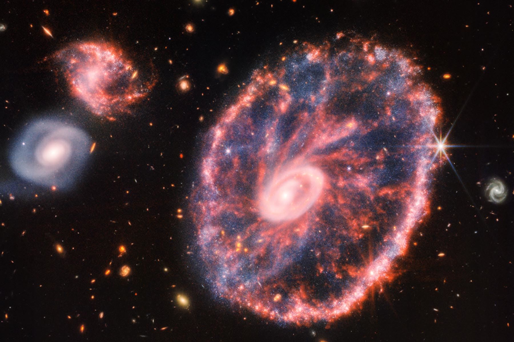 La poderosa mirada infrarroja de Webb produjo esta imagen detallada de Cartwheel y dos galaxias compañeras más pequeñas en un contexto de muchas otras galaxias.