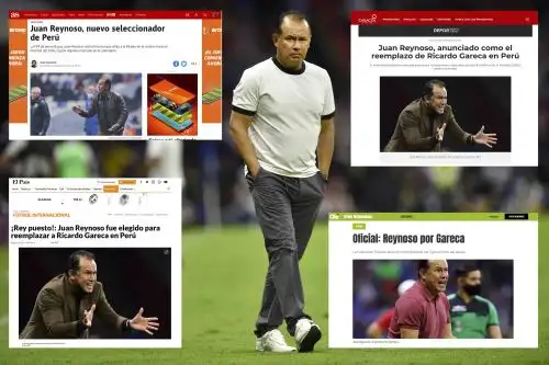 La designación de Juan Reynoso como nuevo DT de Perú originó la reacción d ela prensa internacional. Foto: Composición con fotografías de AFP y capturas de pantalla