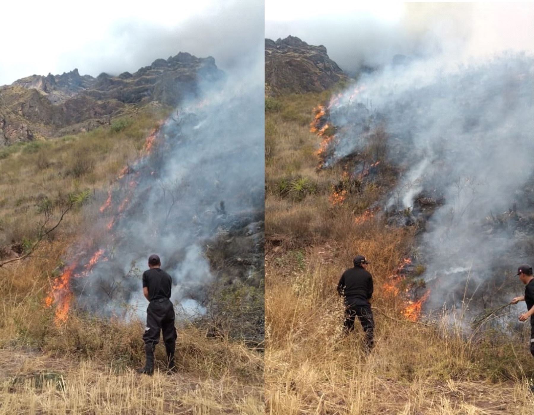 Brigadas buscan controlar incendio forestal que se registra cerca del santuario del Señor de Huanca, ubicado en el distrito de San Salvador, provincia de Calca, en Cusco. ANDINA/Difusión