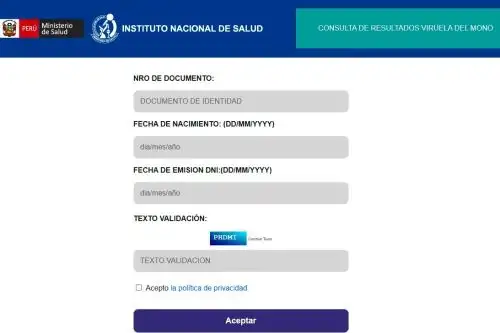 Imagen de la página web del Minsa habilitada para conocer los resultados del examen de viruela del mono de manera rápida y sencilla. Foto: ANDINA/Difusión.