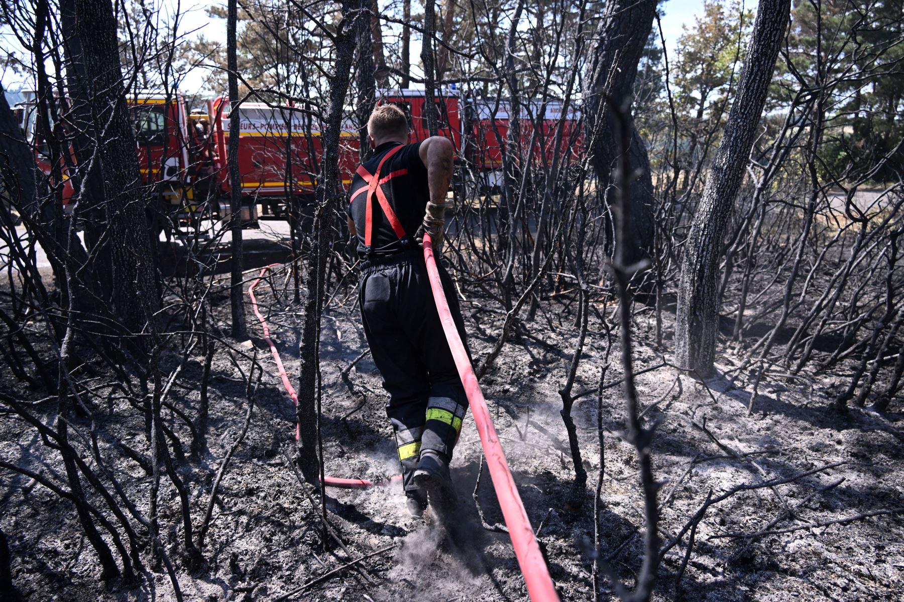 Un bombero saca una manguera entre árboles quemados en un incendio forestal en Boyne, en el sur de Francia, en el "parque natural de Grands Causses" .
Foto: AFP