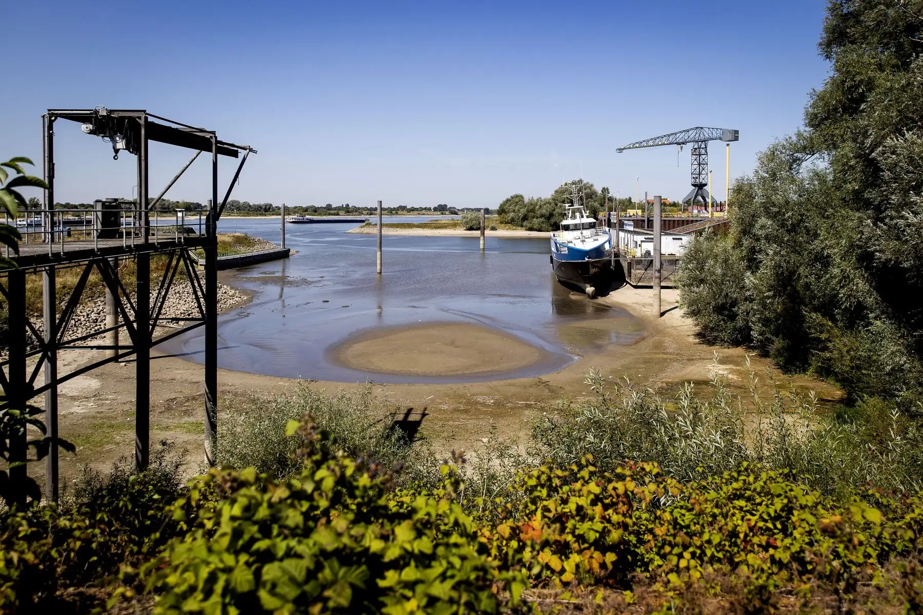 En Spijk muestra la sequía de los embalses a lo largo del Rin. La navegación interior está experimentando un obstáculo considerable debido a los bajos niveles de agua, lo que significa que se pueden transportar menos contenedores en una gran parte del Rin en Alemania. 
Foto: AFP