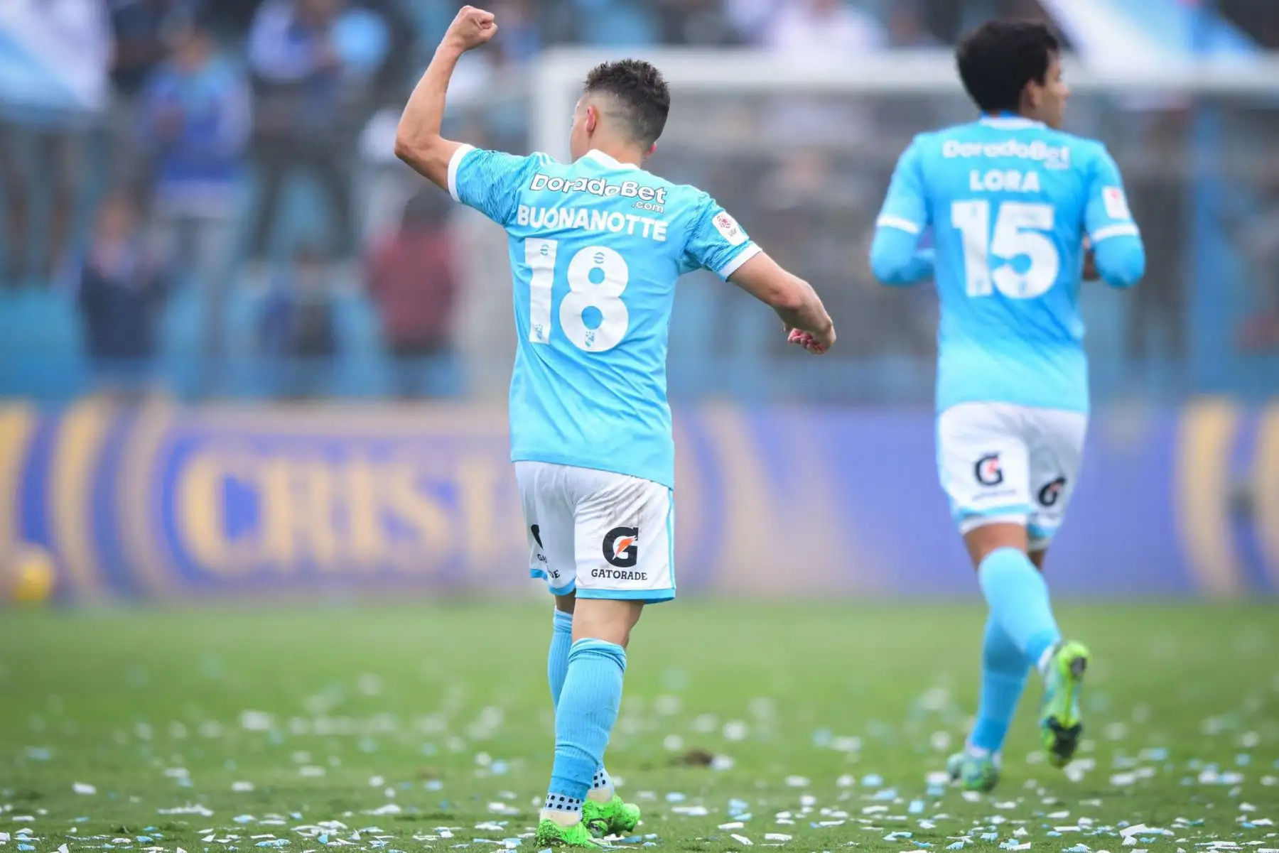 Diego Buonanotte de Sporting Cristal celebra su gol anotado ante del Club Carlos Stein durante el partido de Clausura por la séptima fecha de la Liga 1, en el Estadio Alberto Gallardo.
Foto: Liga 1