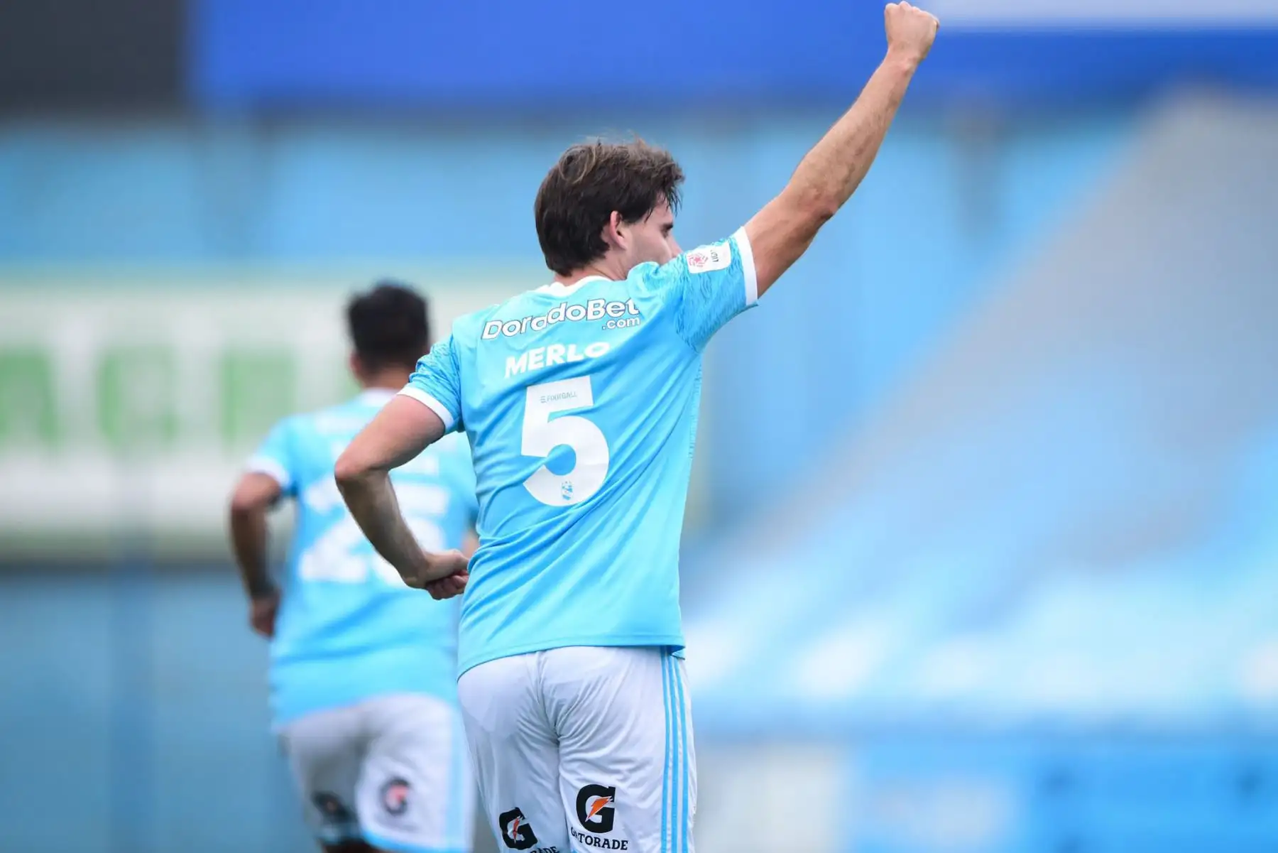 Omar Merlo de Sporting Cristal celebra su gol anotado ante el  Club Carlos Stein durante el partido de Clausura por la séptima fecha de la Liga 1, en el Estadio Alberto Gallardo.
Foto: Sporting Cristal