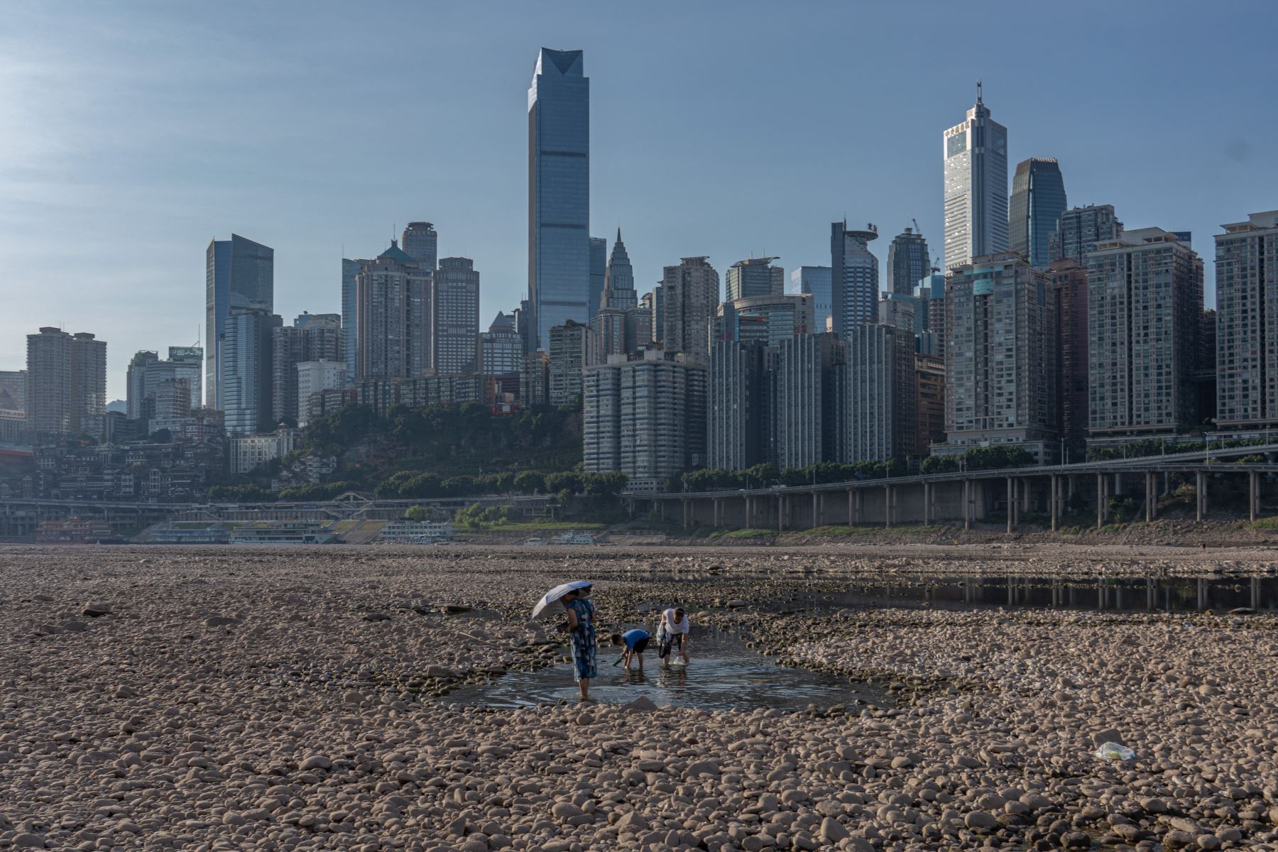 La gente camina sobre el lecho seco del río Jialing, un importante afluente del río Yangtze, en Chongqing, China. China está experimentando la sequía más severa y la ola de calor más larga en décadas.
Foto: AFP