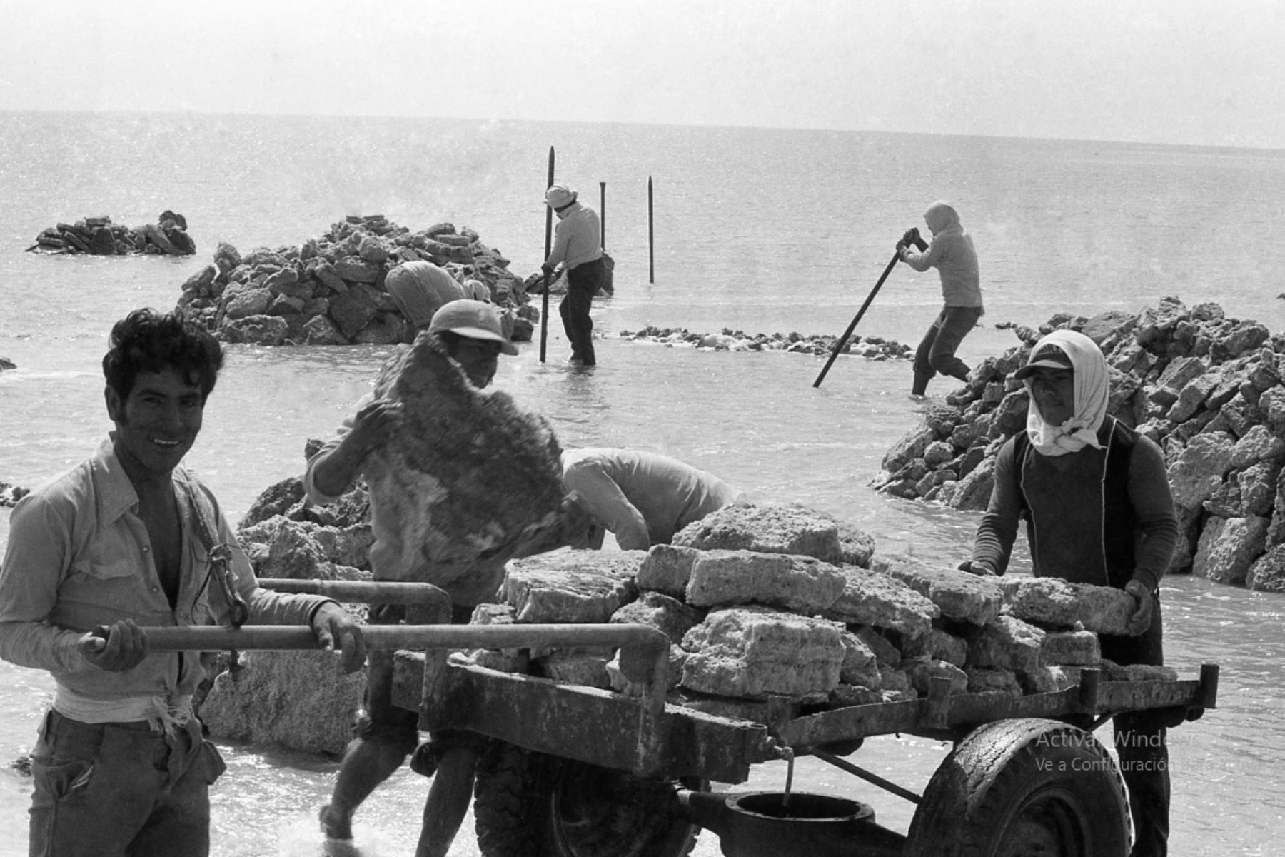 Trabajadores de las salineras de Mórrope extrayendo el producto del mar. La sal de este distrito es bastante cotizada y ahora es comercializada con las debidas garantías de salubridad. Fotografía del libro Alma Lambayecana de los hermanos Quiroga