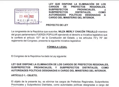 Proyecto de ley plantea eliminar cargo de prefectos y subprefectos.
