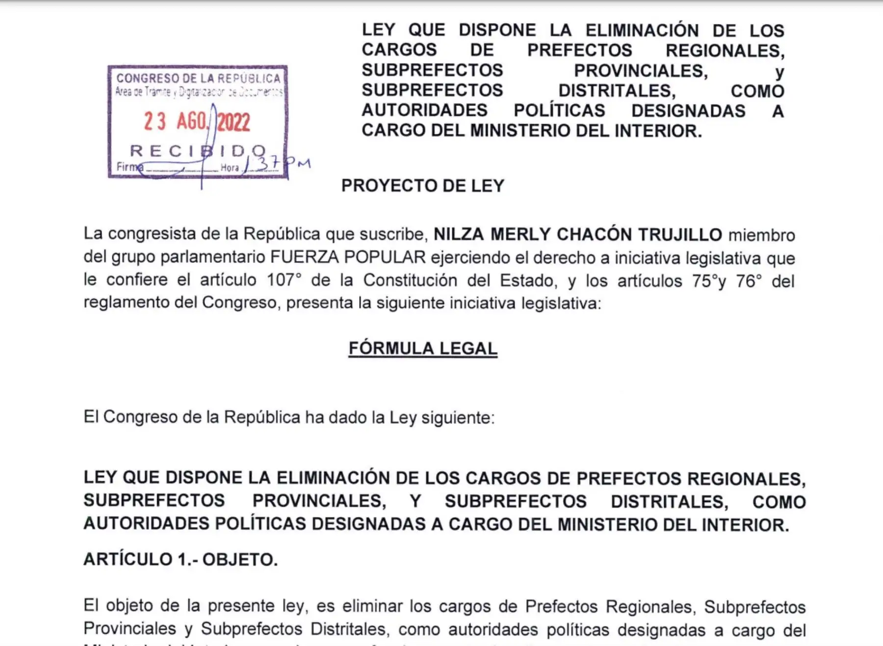 Proyecto de ley plantea eliminar cargo de prefectos y subprefectos.