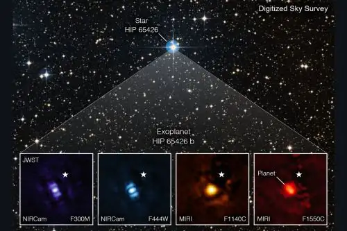 El exoplaneta en la imagen del Webb, llamado HIP 65426 b, tiene entre 6 y 12 veces la masa de Júpiter. Foto: NASA/ESA/CSA, A Carter