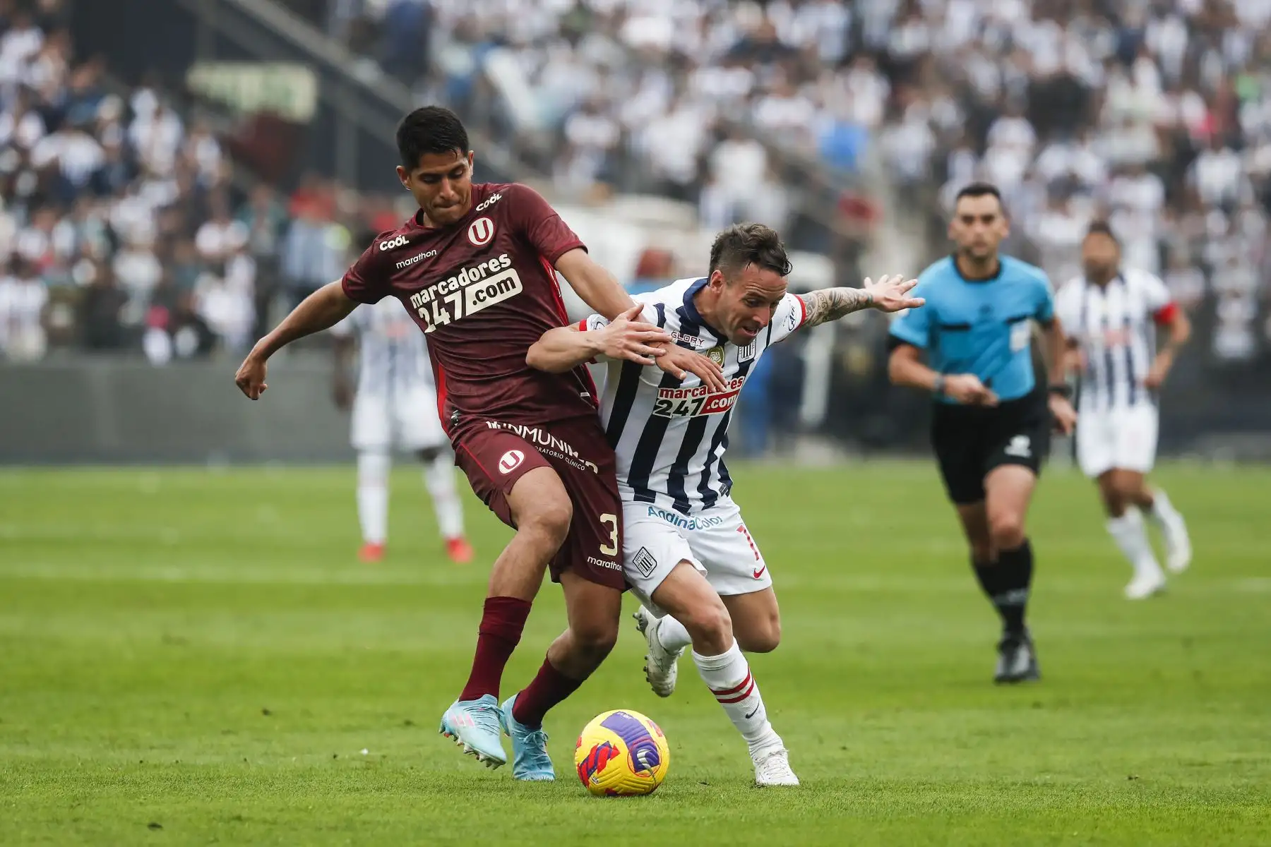 Pablo Lavandeira de Alianza Lima disputa el balón con su rival de Universitario durante partido por la jornada diez de la Liga 1, en Matute. Foto: ANDINA/Renato Pajuelo