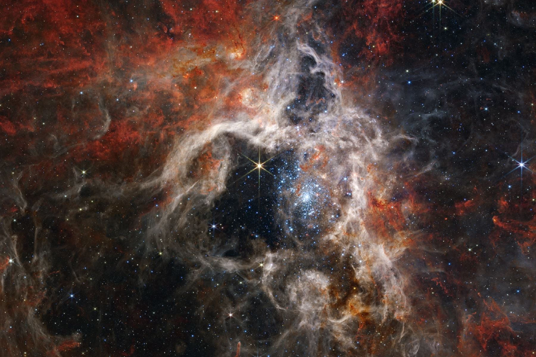 Gracias a la alta resolución de los instrumentos infrarrojos del telescopio Webb, se hicieron visibles por primera vez miles de jóvenes estrellas, galaxias distantes de fondo y la detallada estructura de las nebulosas de gas y polvo.