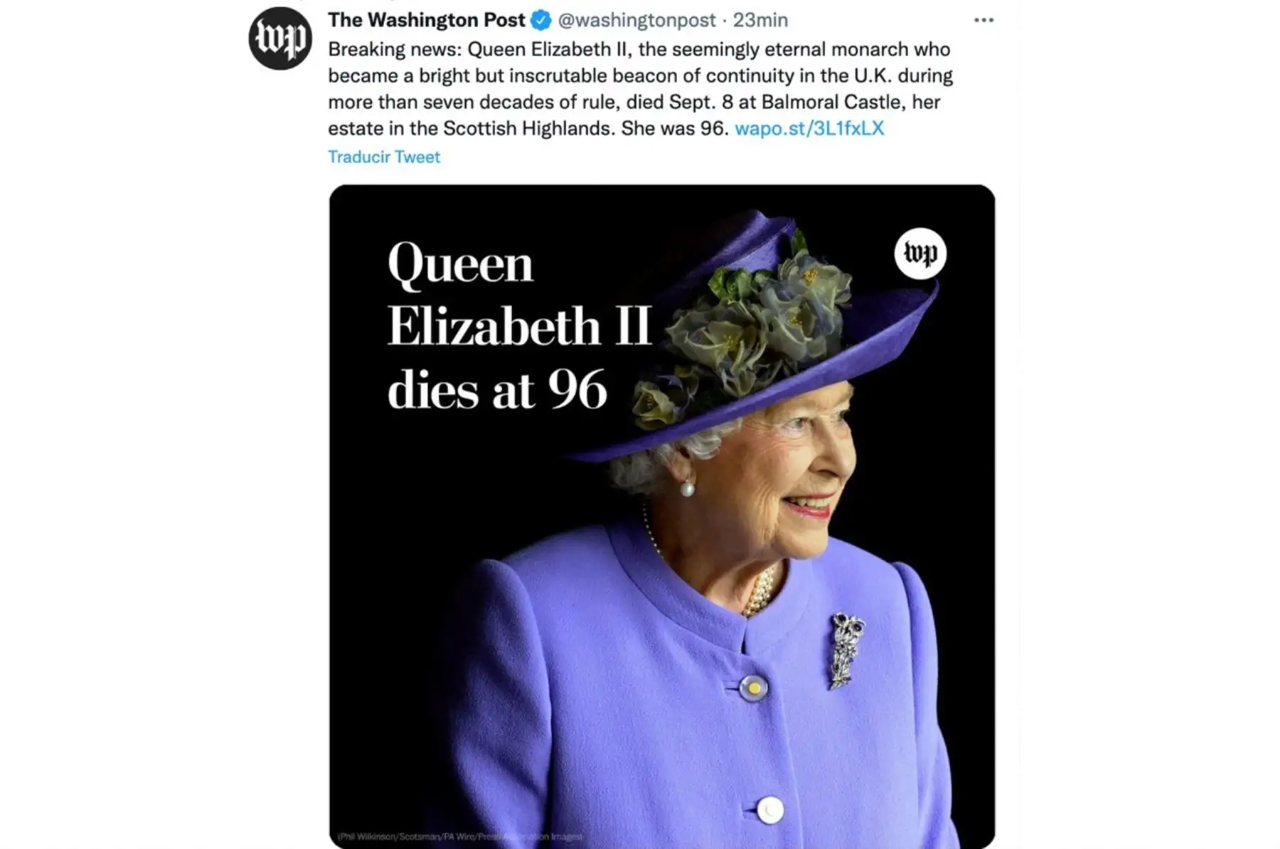 Falleció la reina Isabel II a los 96 años. . The Washington Post