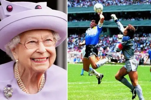 Maradona y la reina Isabel II protagonizaron un encuentro impensado. Foto: Ilustración con captura de pantalla y foto de AFP