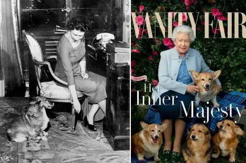 La reina quería tanto a sus corgis que supervisaba personalmente su dieta diaria. Foto: Composición con fotos de AFP y portada de la revista Vanity Fair