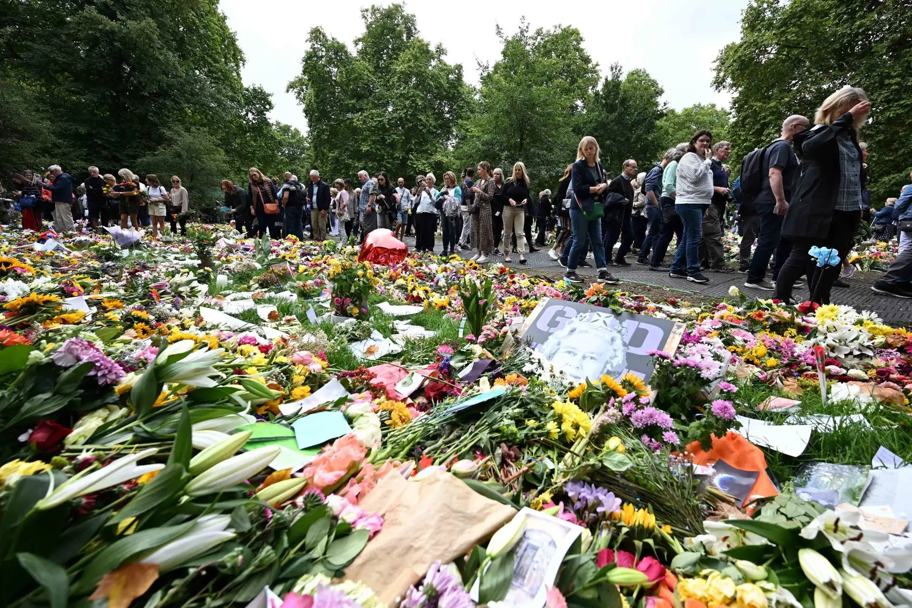 Tributos florales se muestran fuera de Norwich Gate en Sandringham Estate en Sandringham, este de Inglaterra, luego de la muerte de la reina Isabel II. Foto: AFP