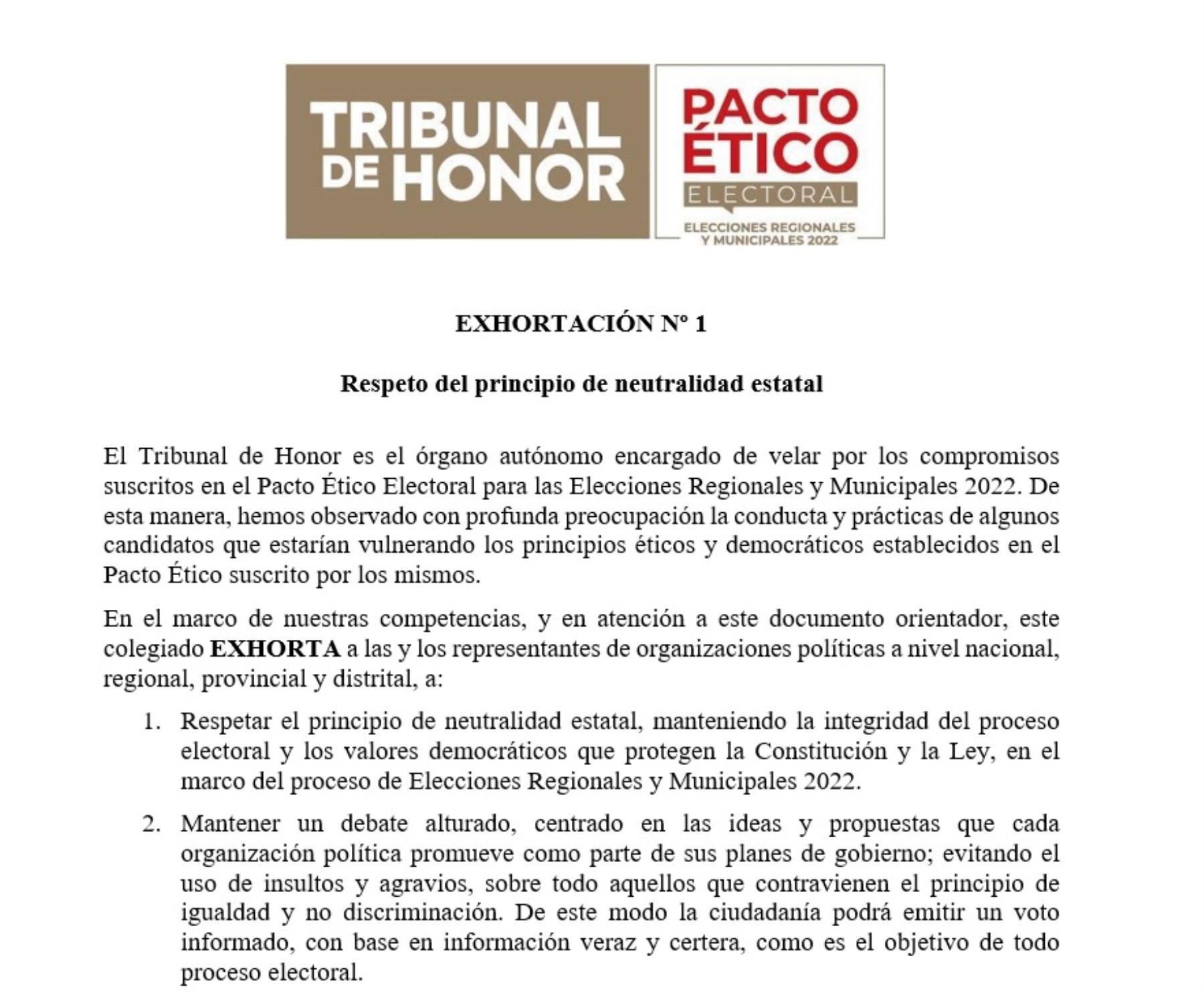 Tribunal de Honor del Pacto Ético Electoral formuló exhortación.